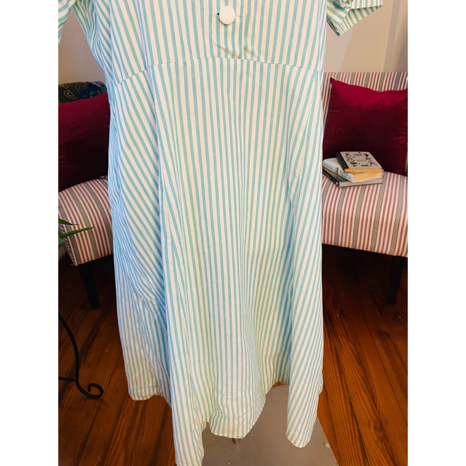 VTG 50’s Teal White Striped Short Sleeve Day Dress handmade rockabilly