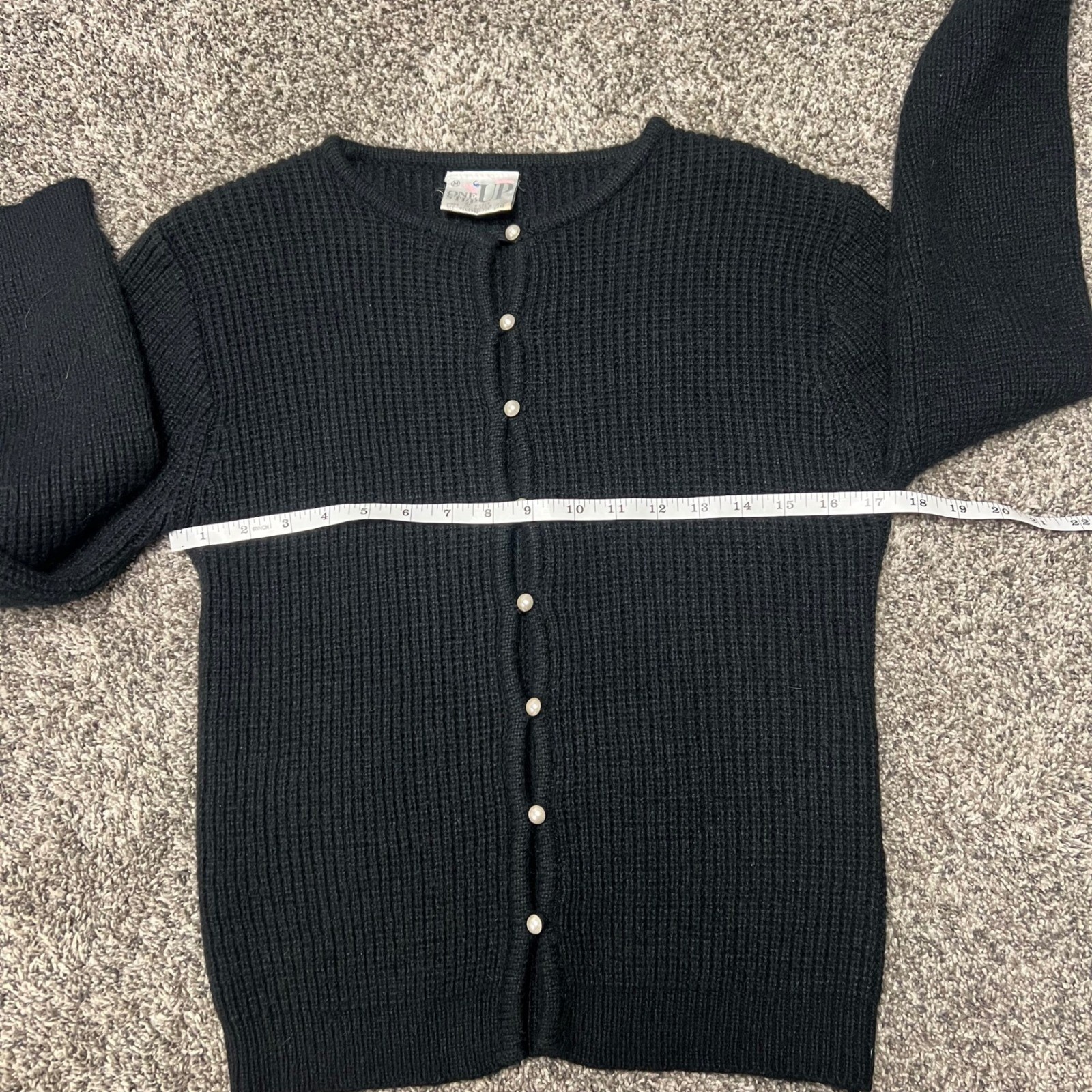One Step Up Vintage Black Rib Knit Cardigan Wool Blend Faux Pearl Buttons Korea
