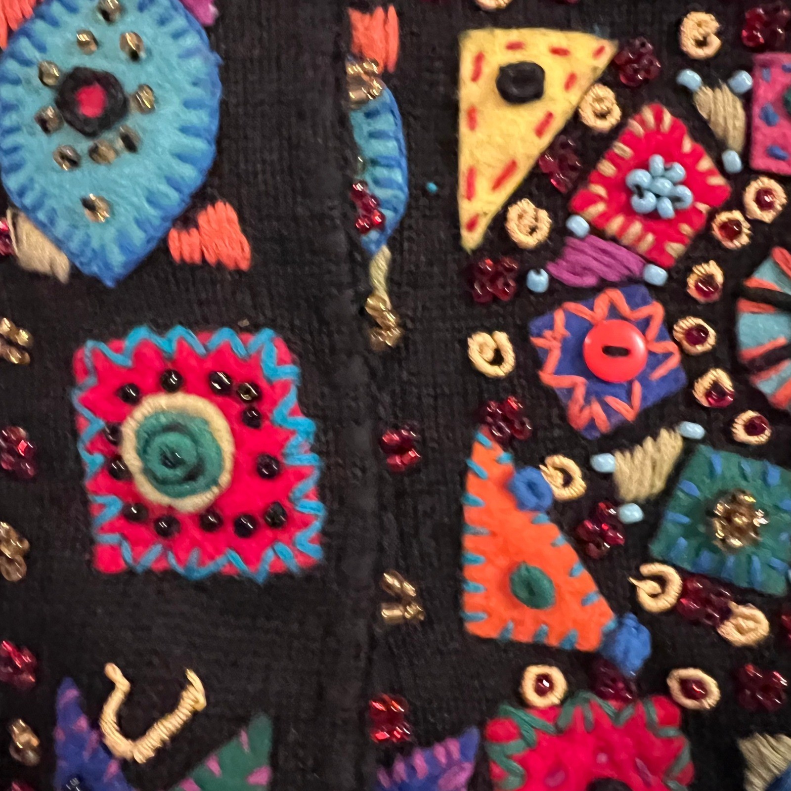 Michael Simon Vntg Beaded Embroidered Cardigan Black Multi Color Art Knit 2