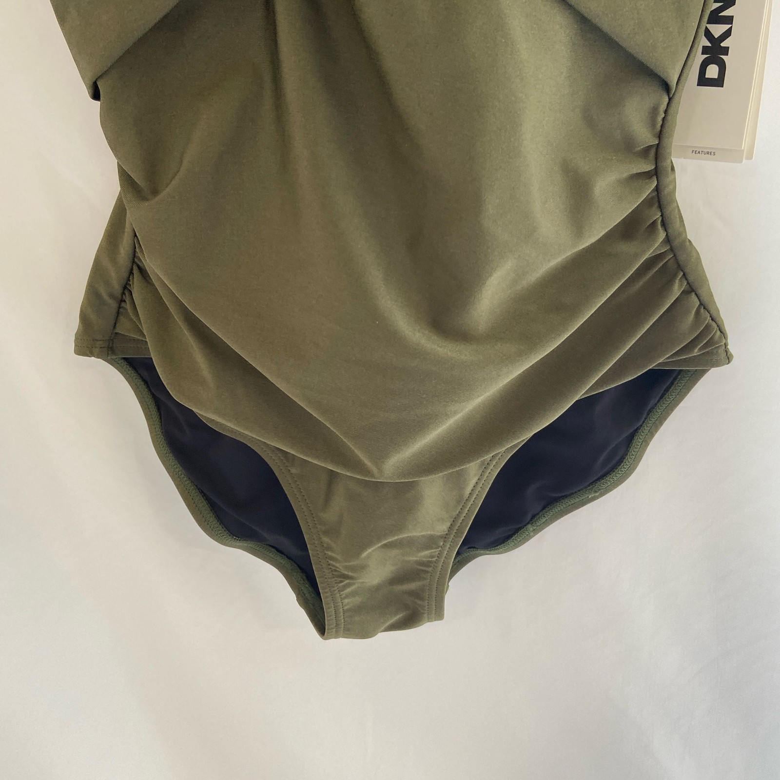DKNY Deep V-Neck Twist Keyhole One-Piece Swimsuit S Moss Shimmer