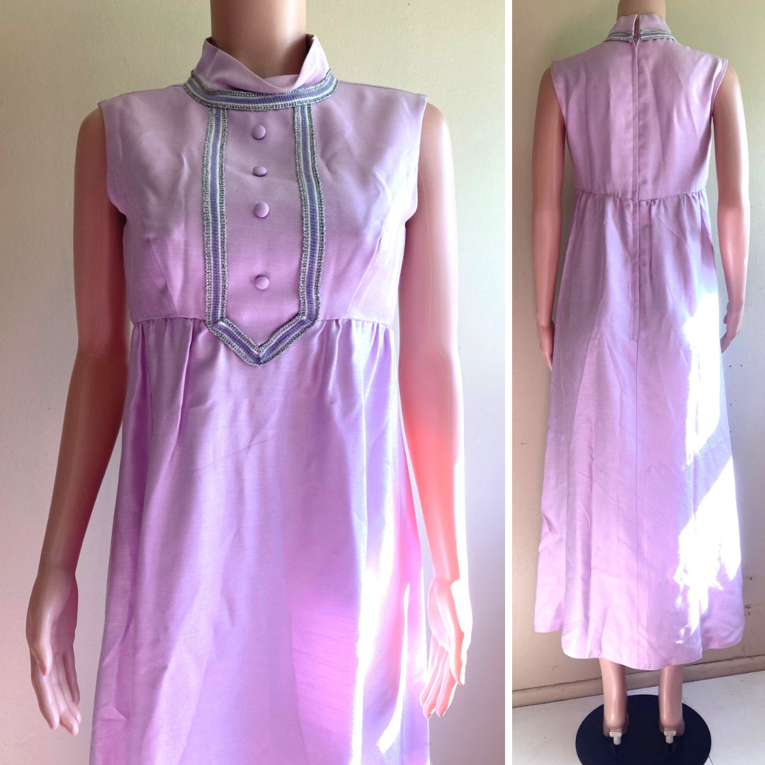 S Vintage 60s Maxi Prom Dress Lilac Silver Hollywood Regency Cocktail Gown