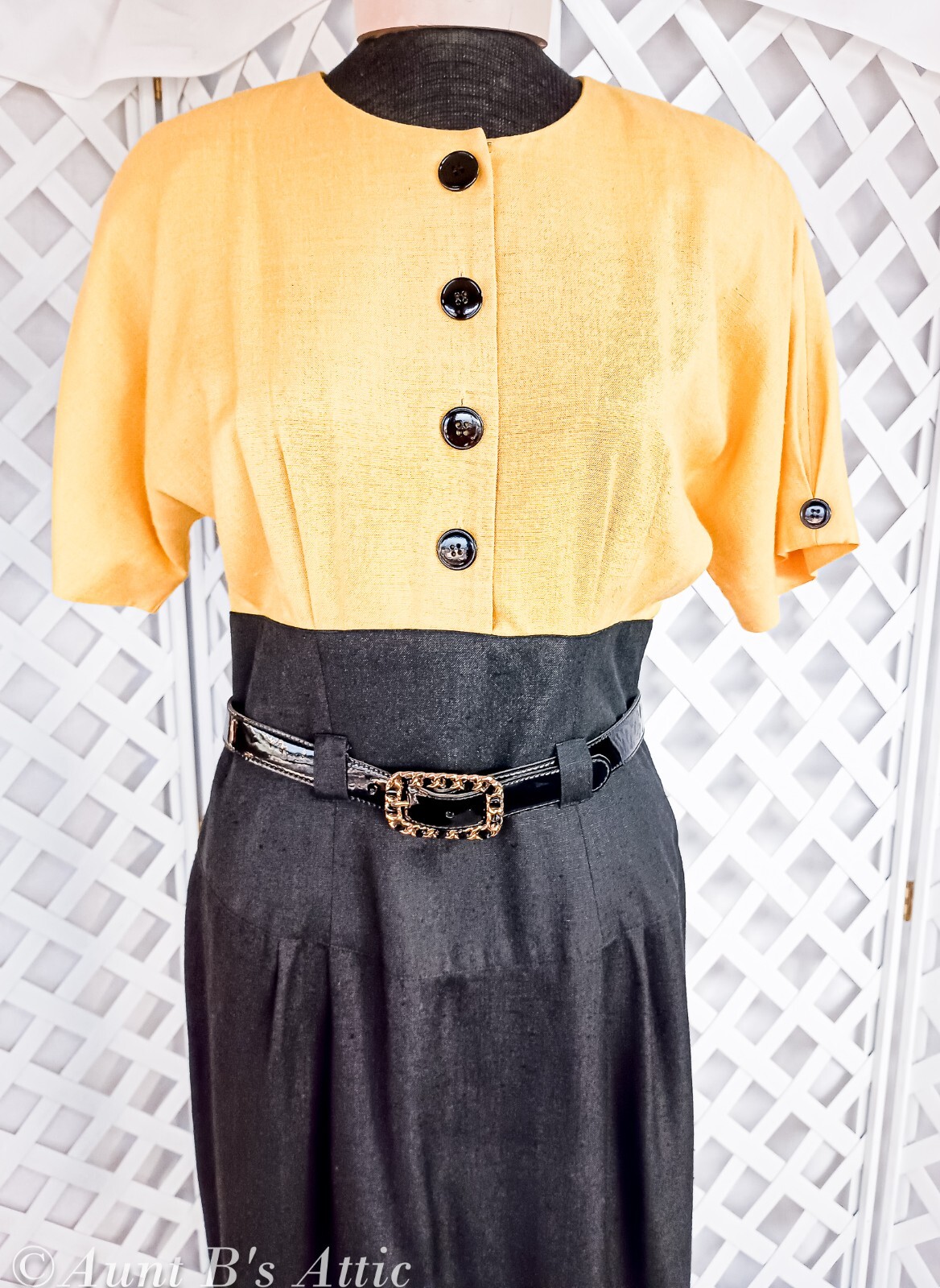 Vintage 80’s Dress Kasper For ASL Yell/Blk Linen Sheath Style Belted Dress 6/7