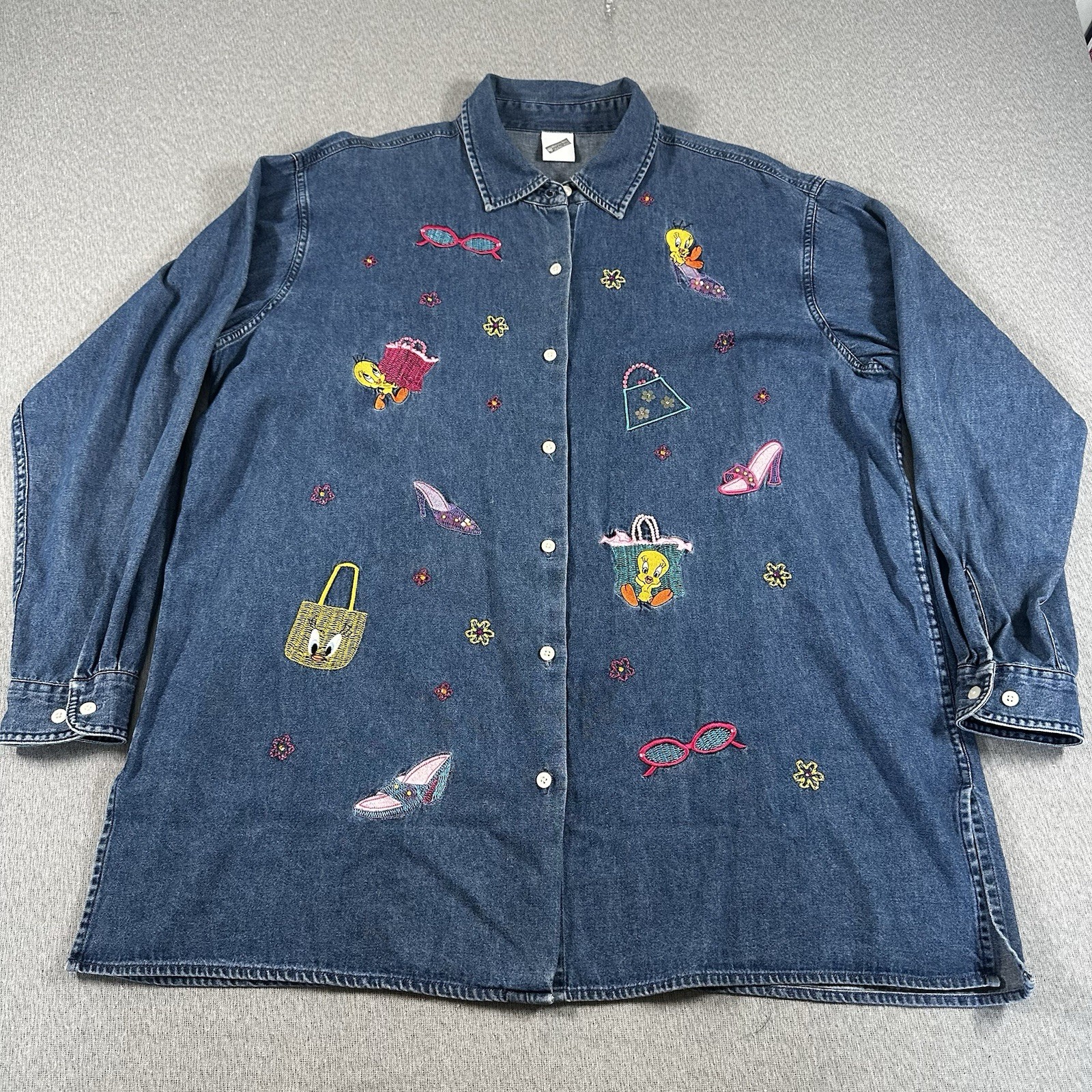 Warner Bros. Studio Store Tweety Shirt Womens XL Blue Denim Embroidered Y2K 2000