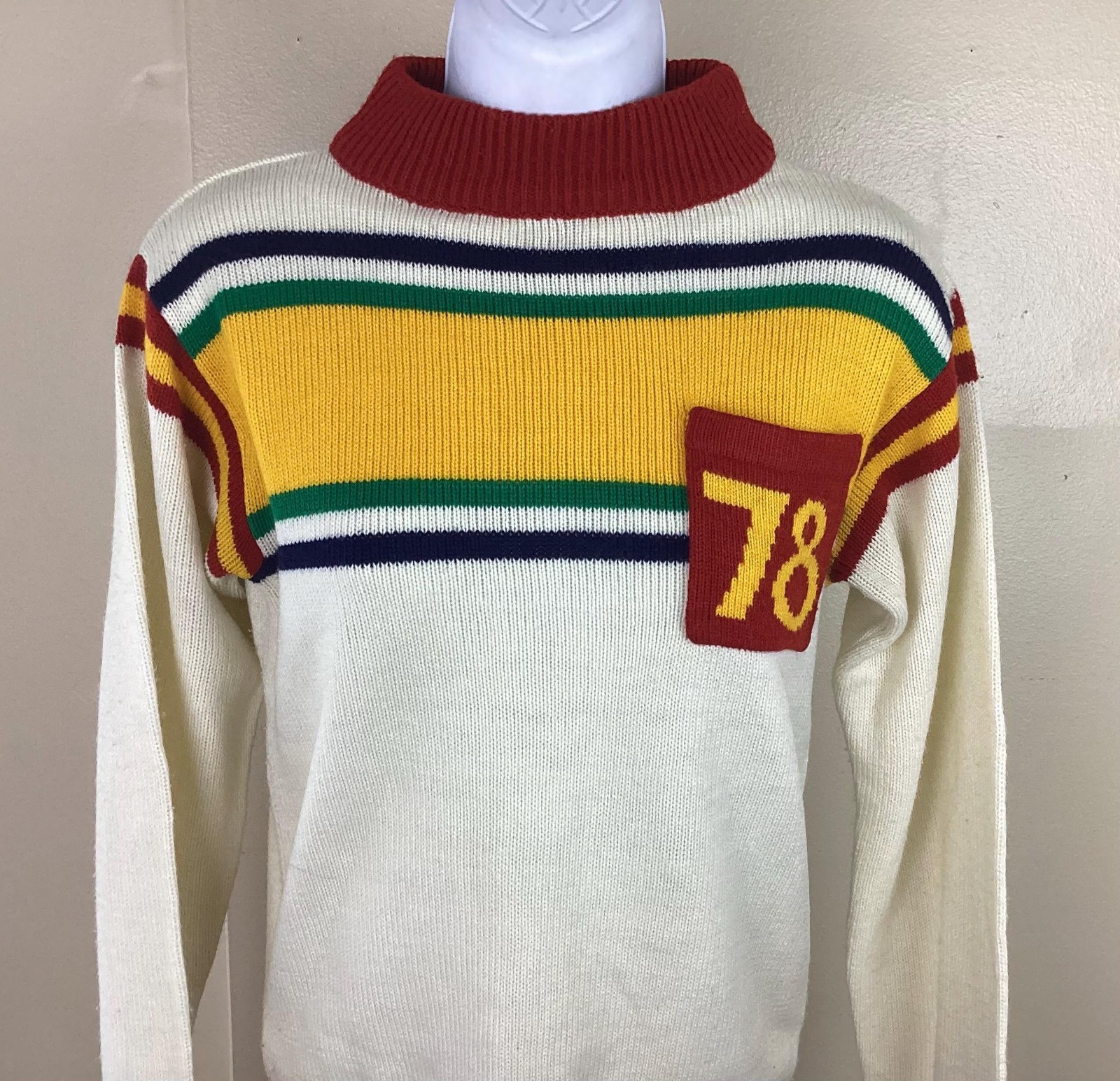 Vtg 70s Numbers Striped Print Pocket Pullover Sweater White Red M Women’s Size