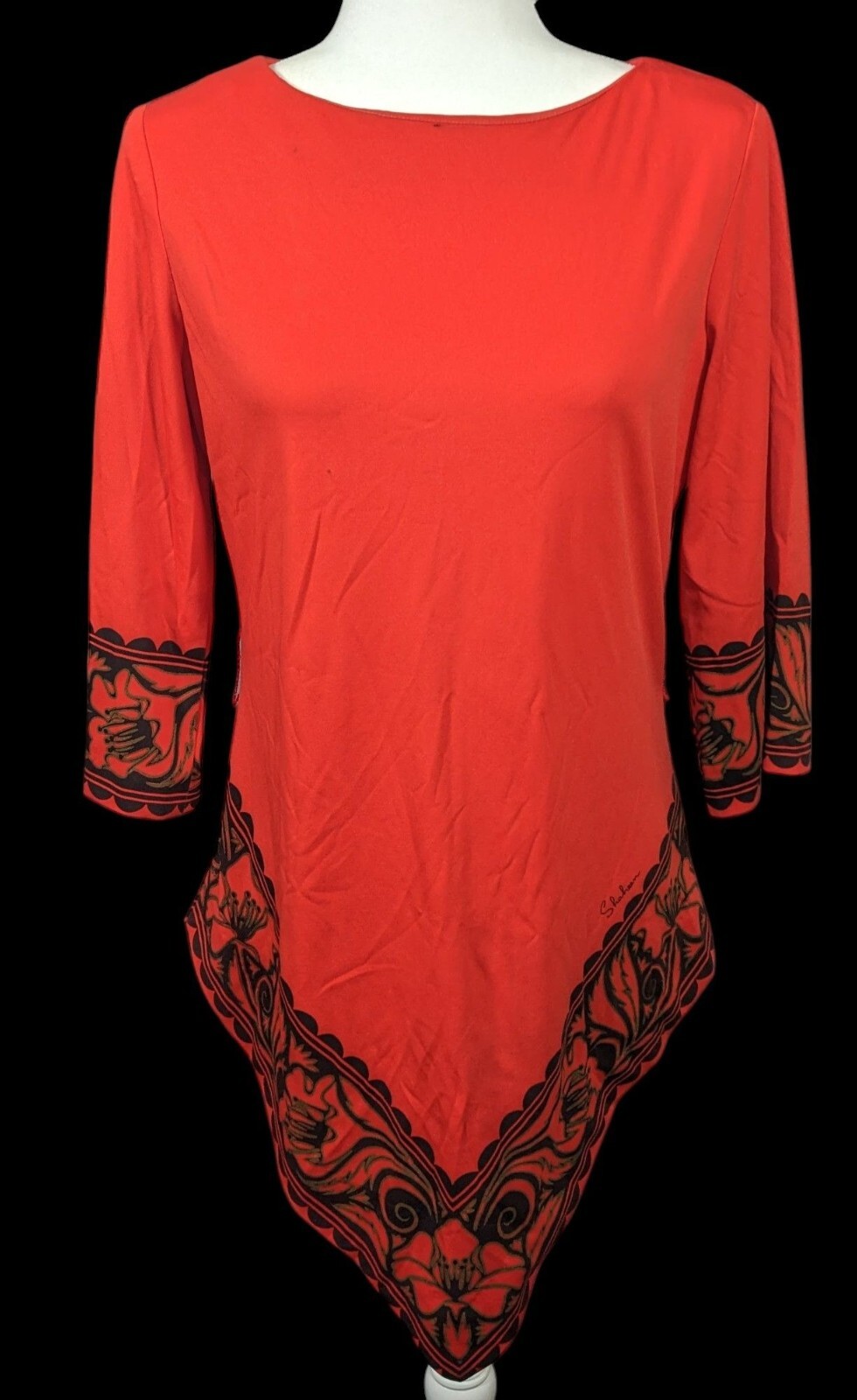 Vintage 70s Miss Shaheen Red And Black Gothic Tunic Size 12