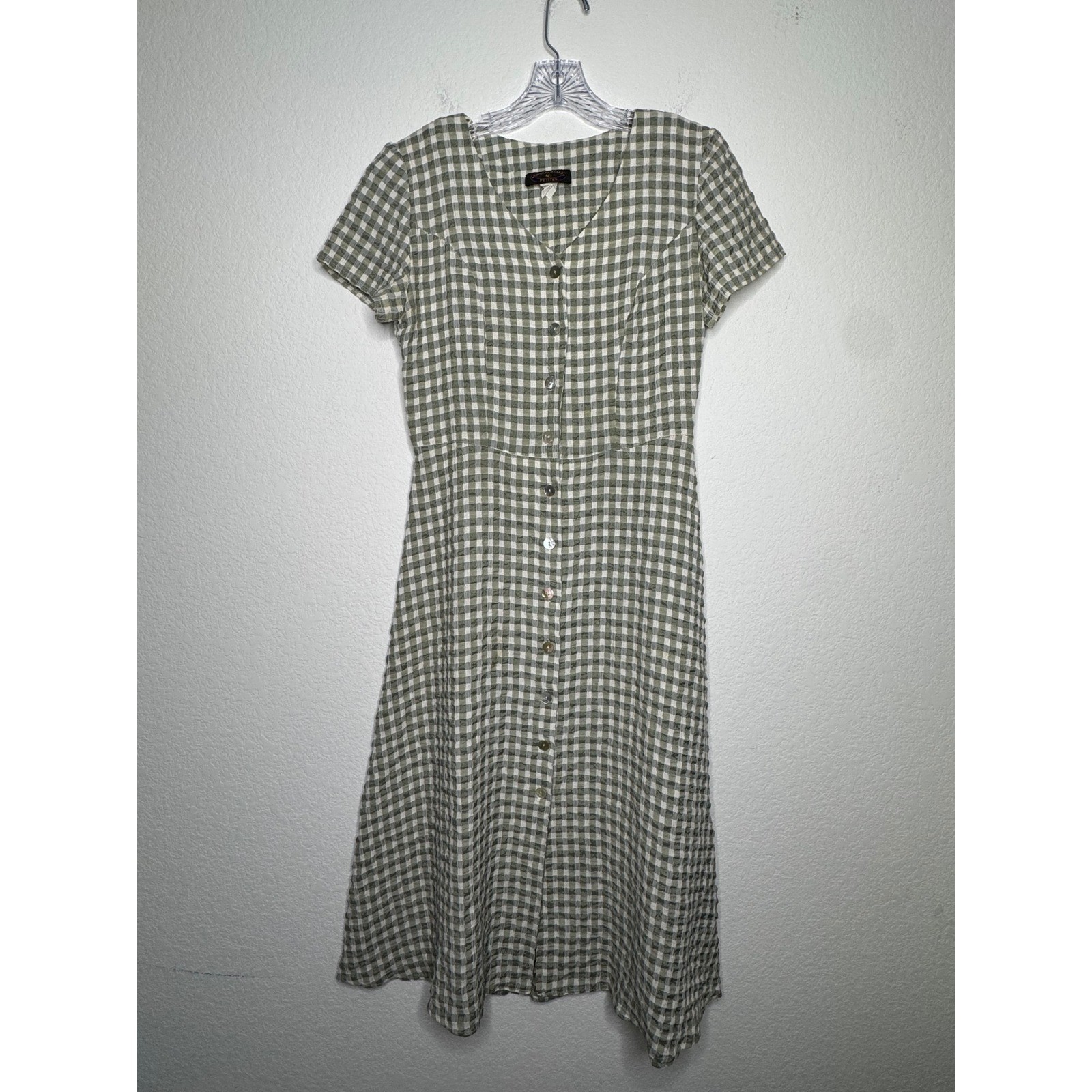 Vintage Charter Club Petites Gingham Button Front Midi Dress Sage Green Size 6