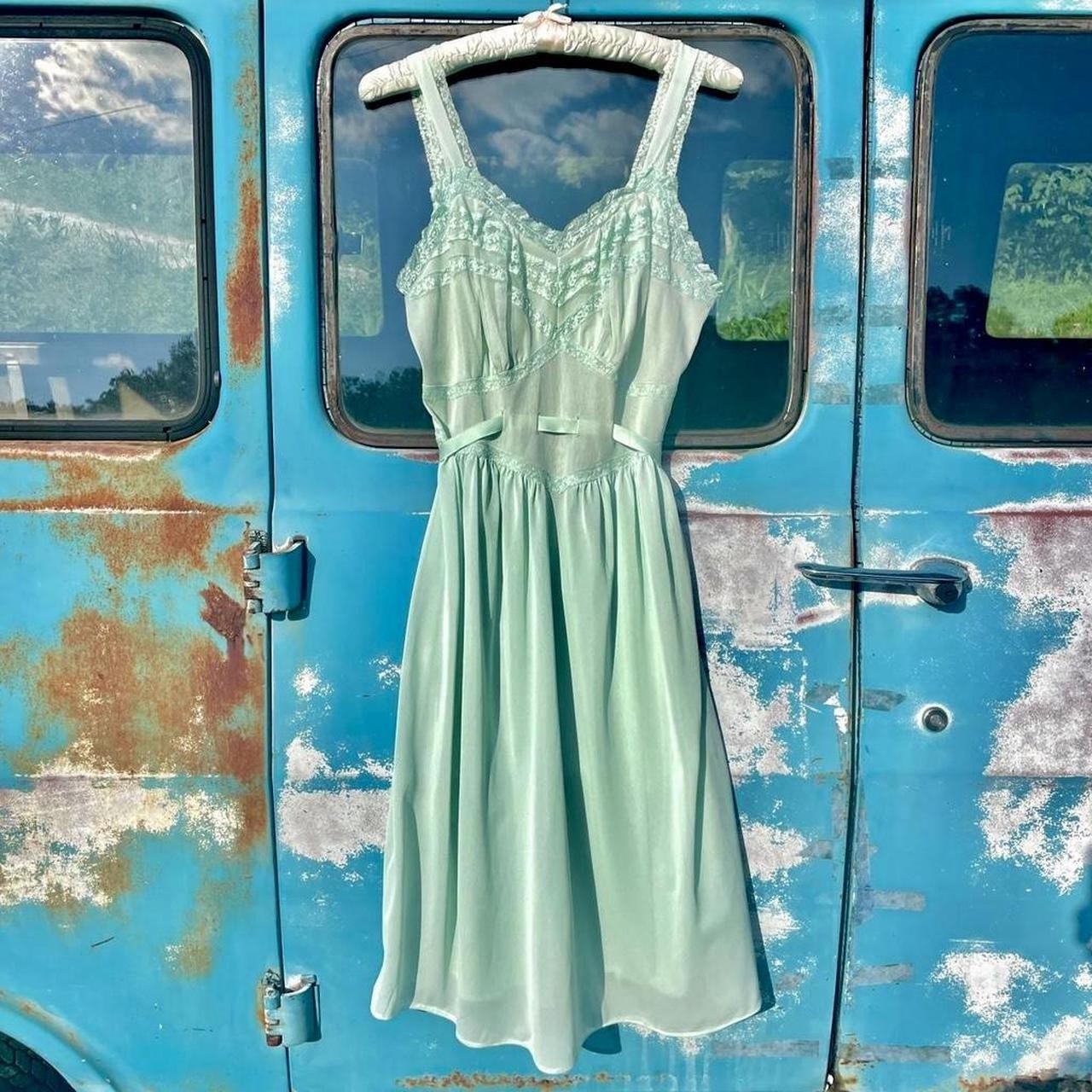 40s mint green nightgown slip dress w/long ribbon waist