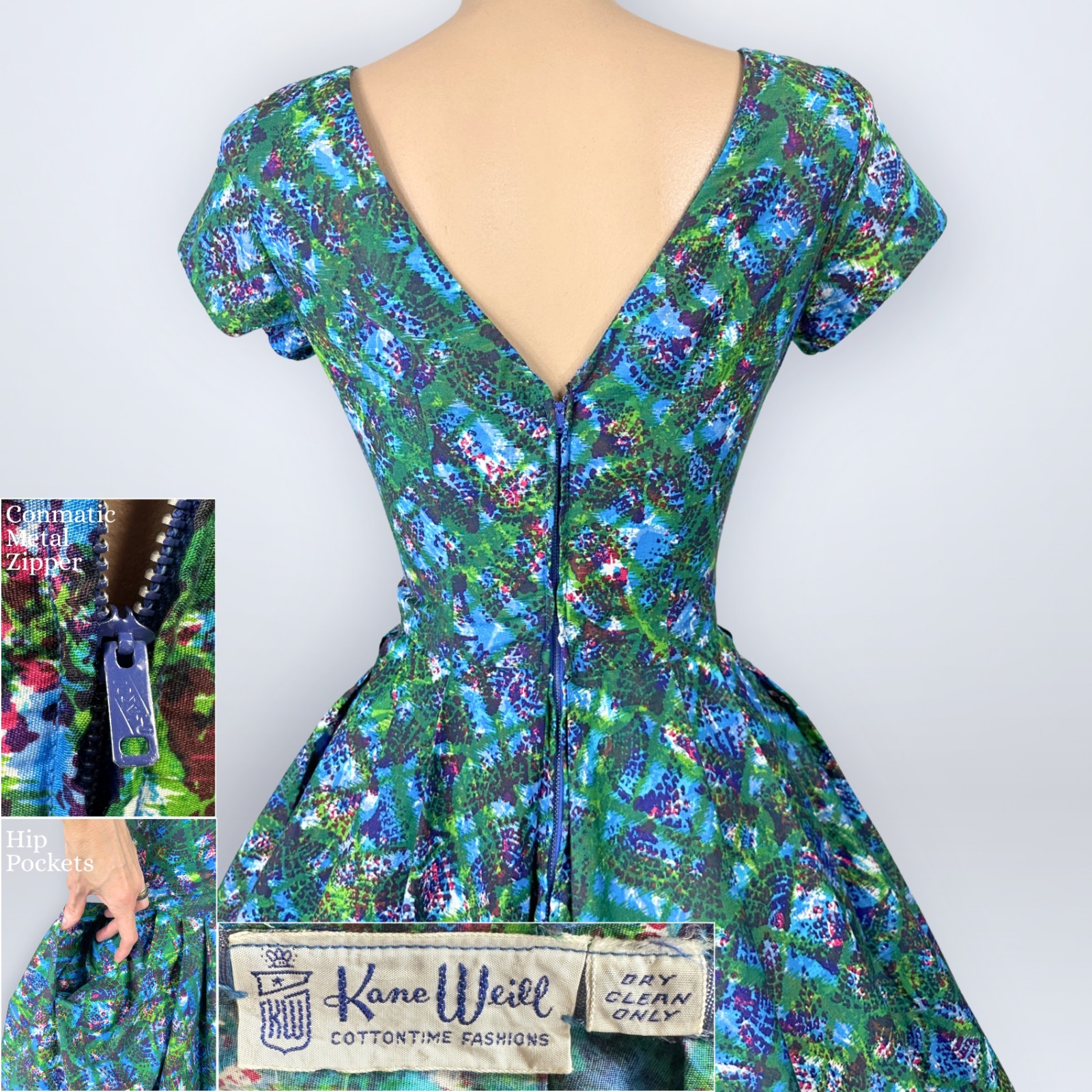 Vintage 1950s Kane Weill Cottontime Pebble Stone Print Full Sweep Dress New Look