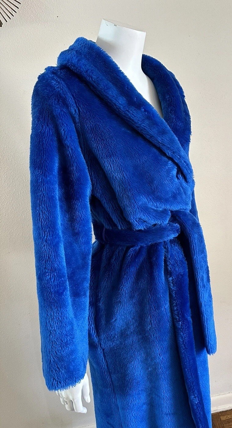 1970s Montgomery Ward Electric Blue Shag Robe Plush Faux Fur Belted Medium VTG
