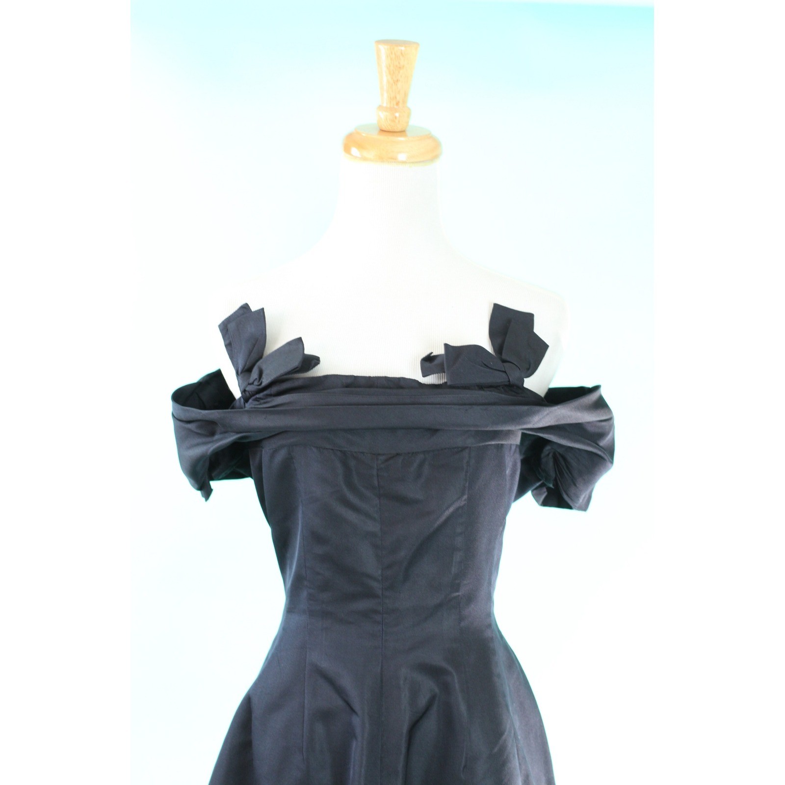 Vintage 1950s Black Silk Portrait Neckline Bow Cocktail Dress Mid-Century Modern