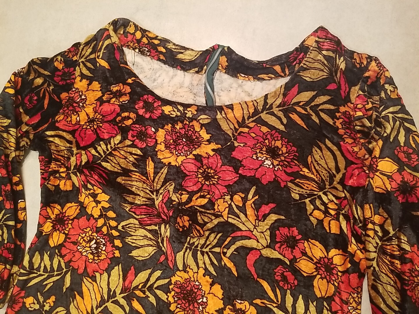 Vintage 1970s Handmade Mini Dress Orange Red Floral Design Zipper Closure Velvet