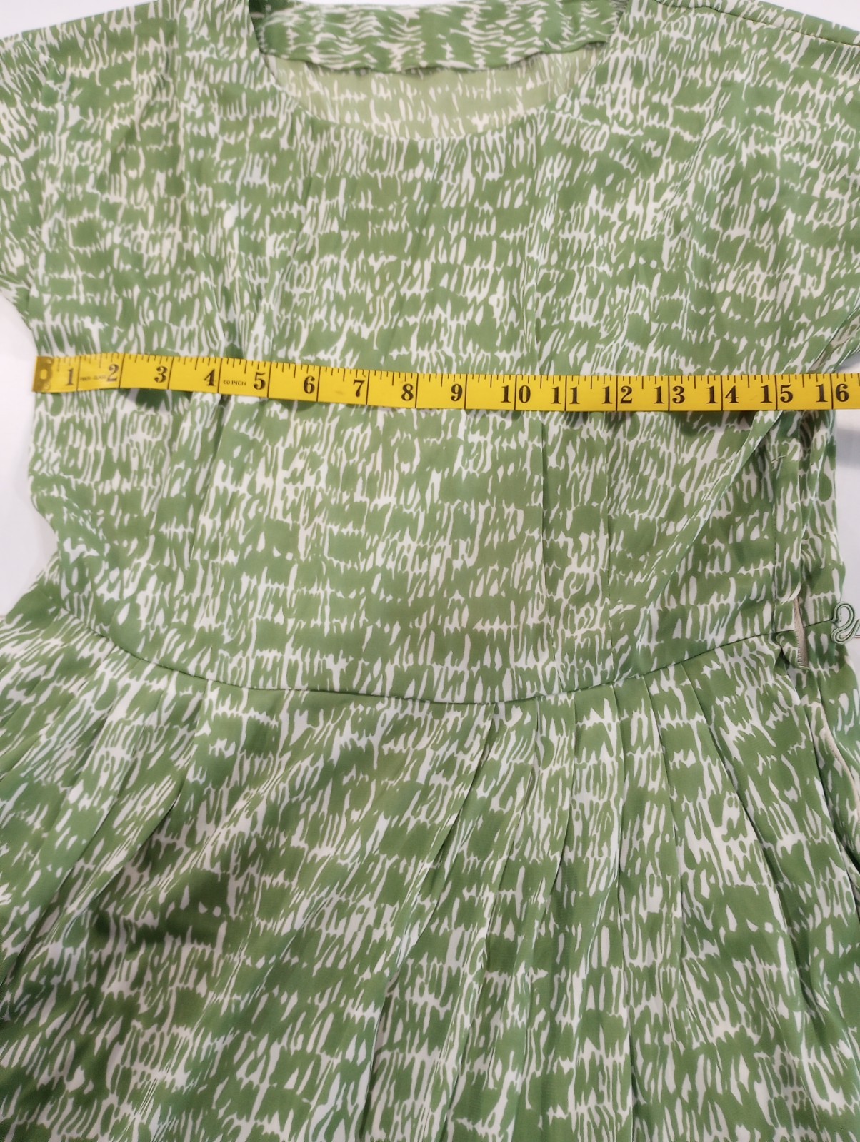 Vintage Green White Abstract Satin A Line Midi Dress Short Sleeve Side Zip
