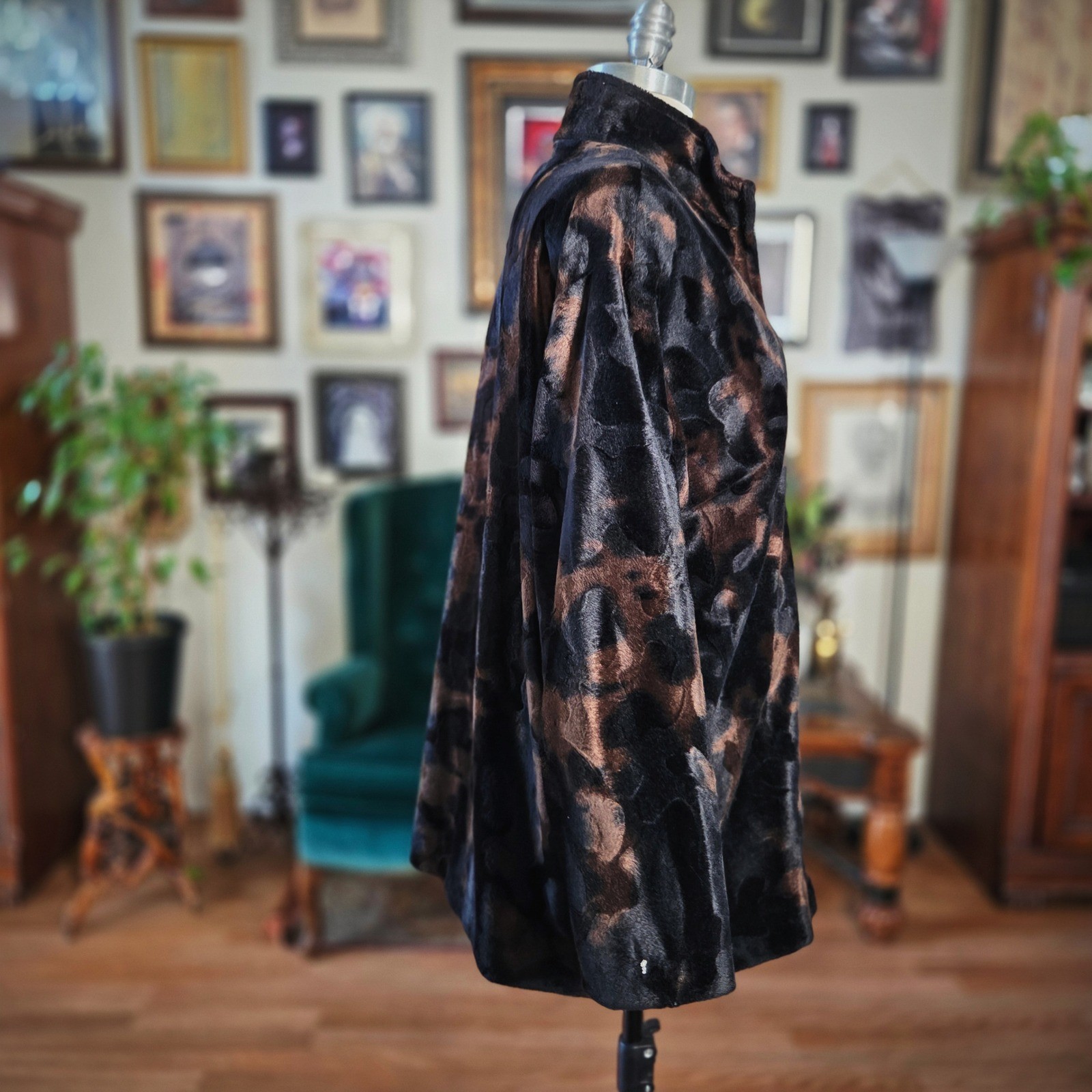 Elnora Faux Fur Jacket Vintage 90s Brown Black Abstract Plush Zip Coat Large