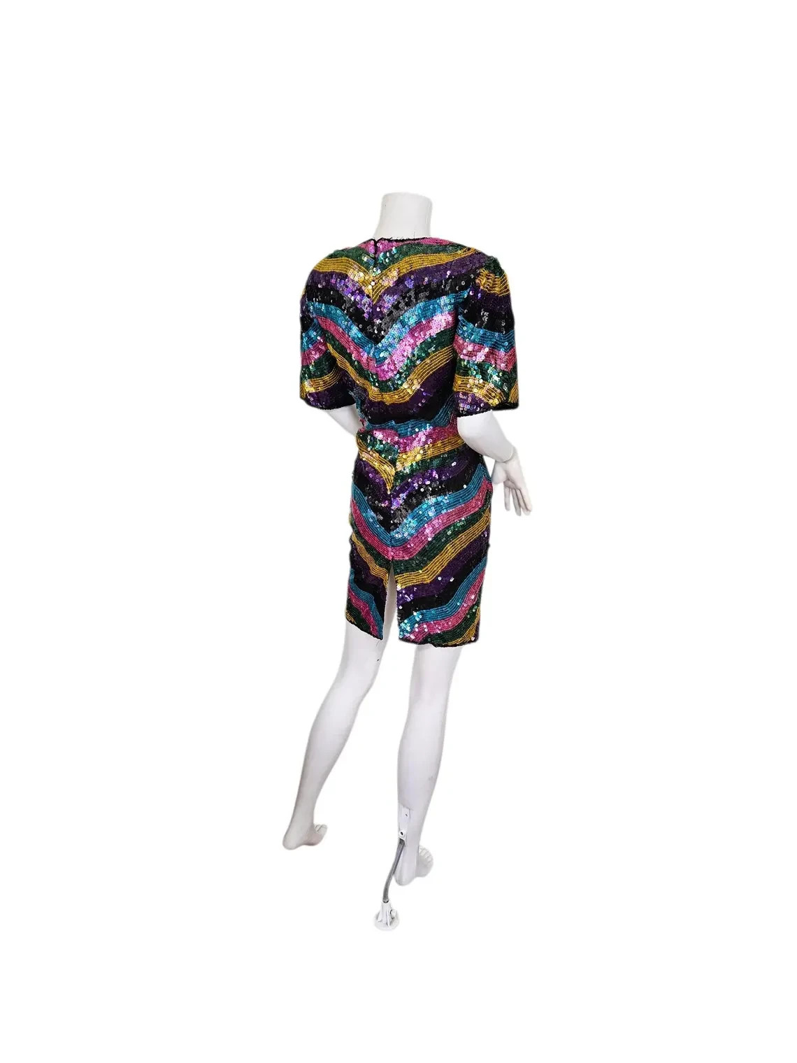 1980s Rainbow Stripe Silk Beaded Sequin Dress I Sz Med Imperial Handicrafts