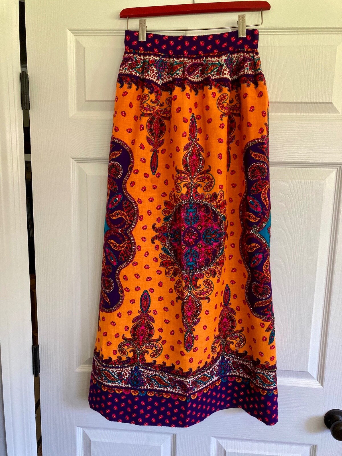 Vintage Malbe Hippie Skirt Maxi 37″ Bright/Bold w/Sequins,Back Slit &Lined