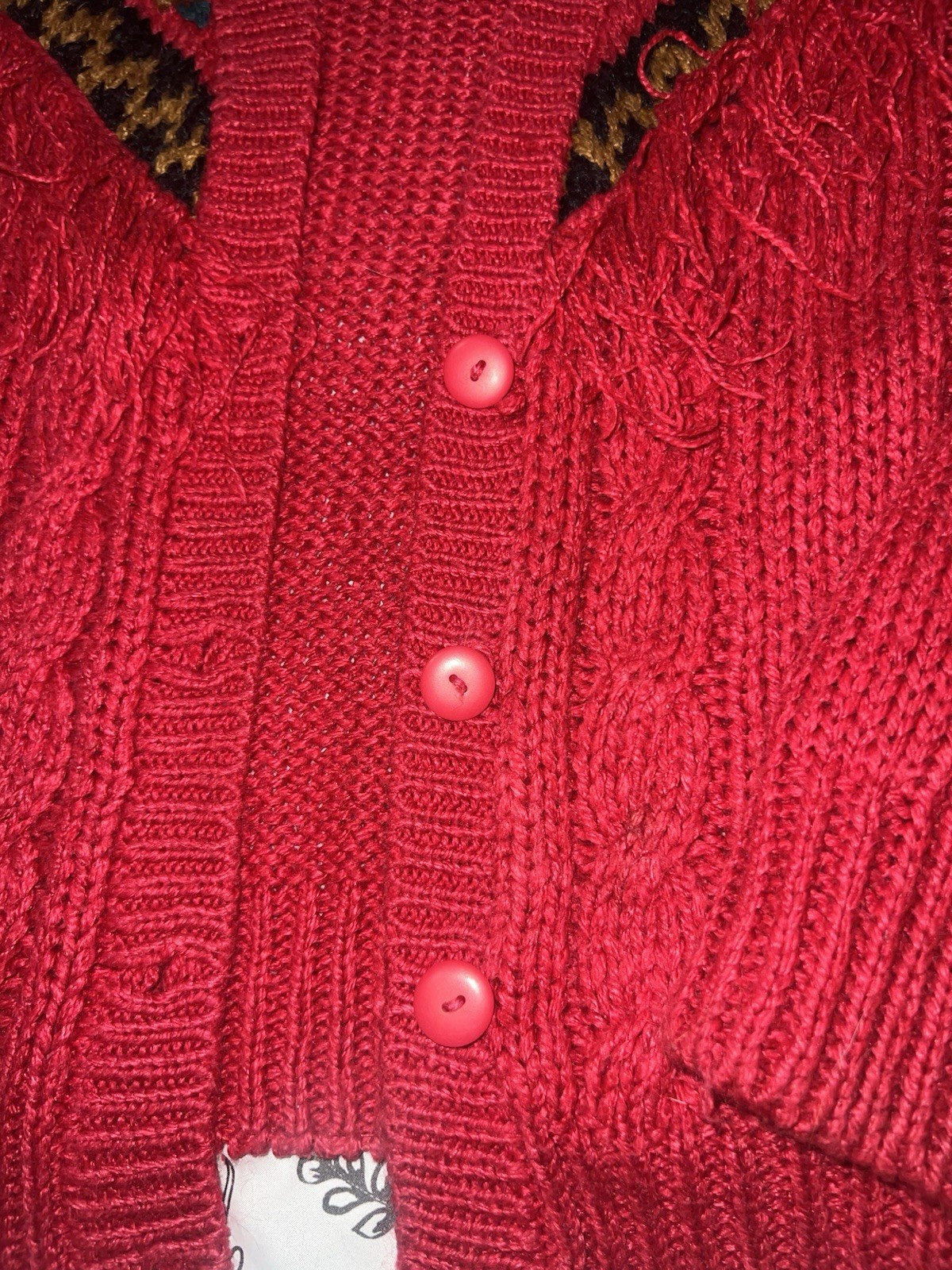 Vintage 80s Yasmin Fringe Ramie Cardigan Red Cable Knit Southwestern L