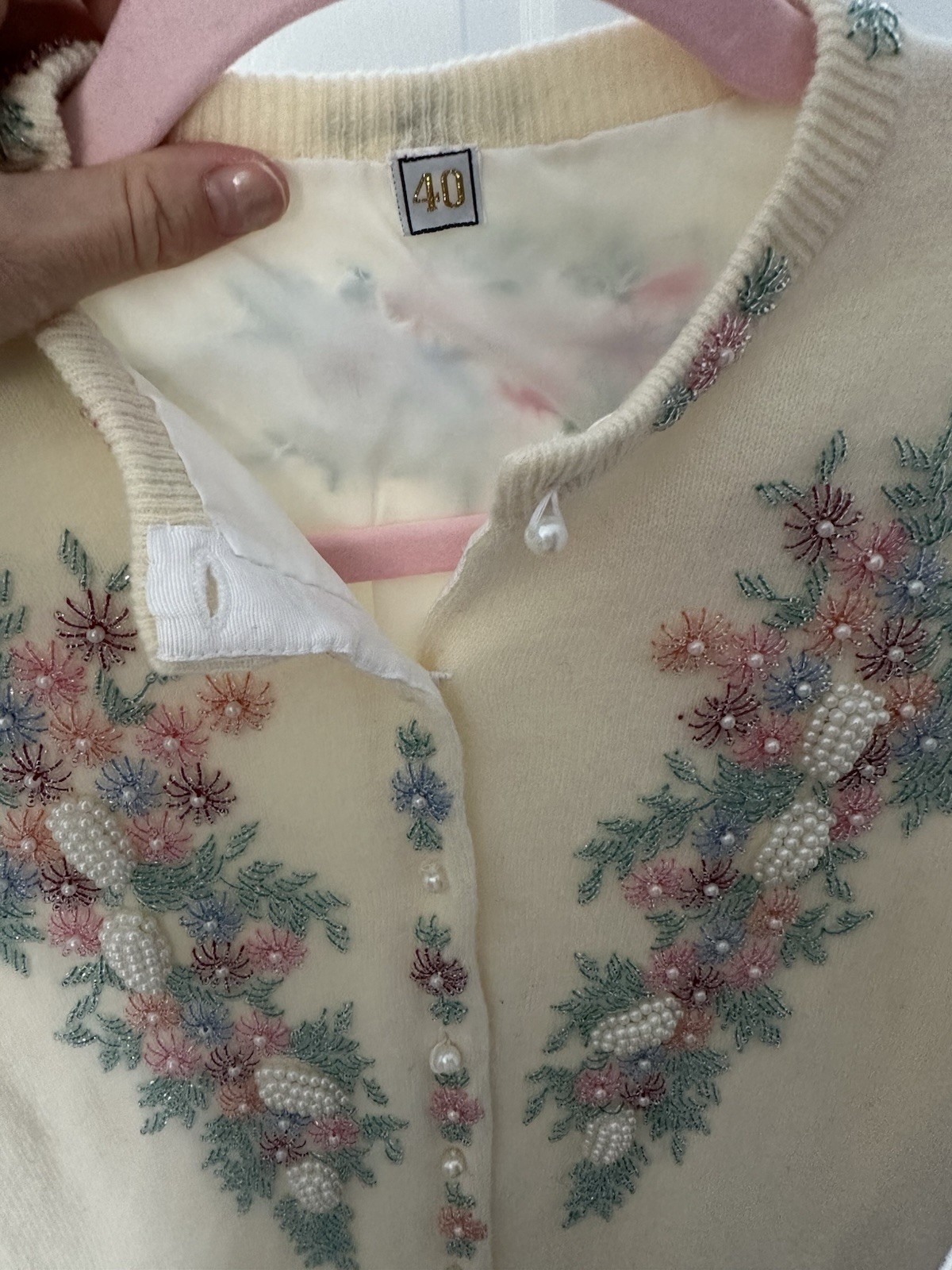 Vintage 1950s 1960s Heavily Beaded Grape Cardigan Pearl Buttons Size 40