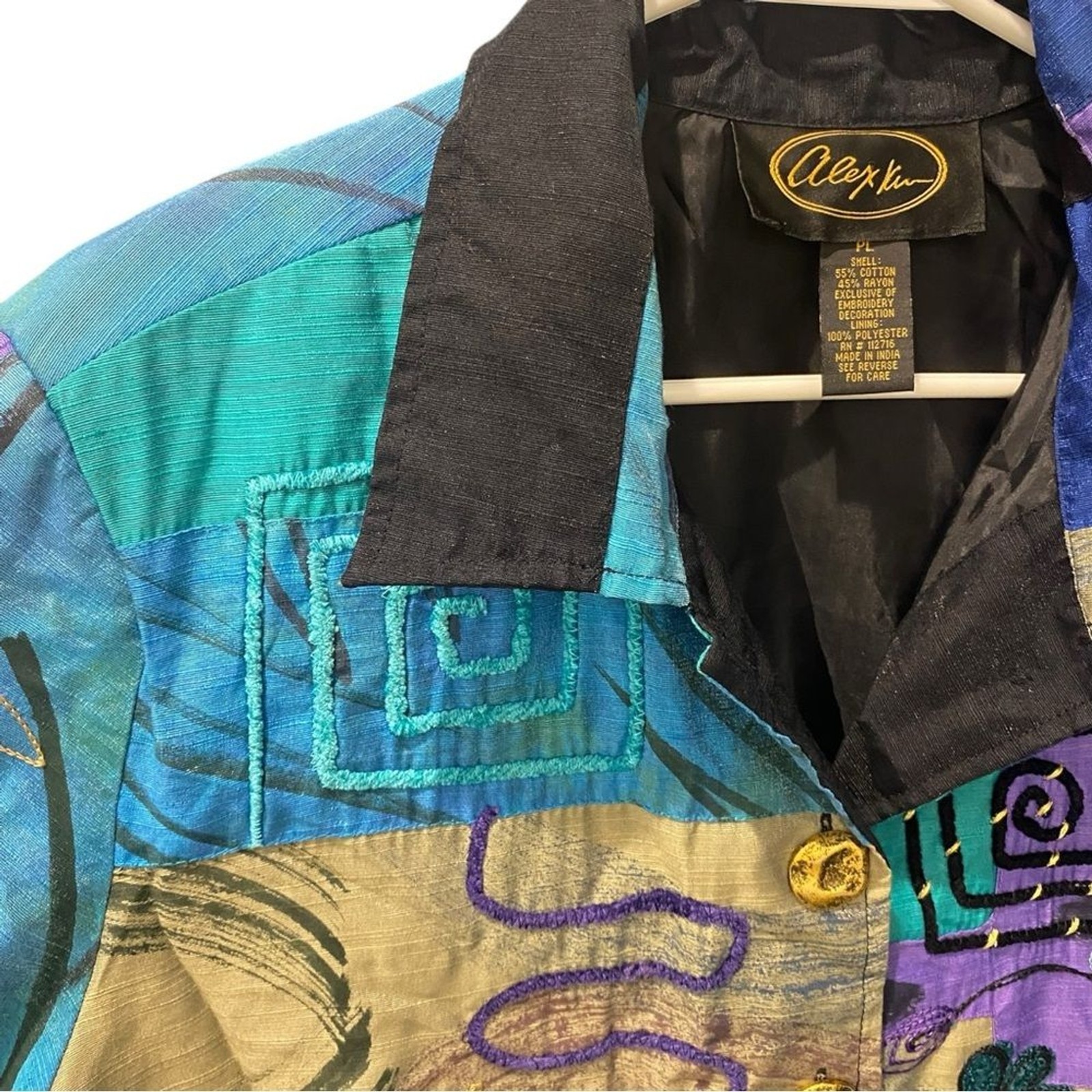 ALEX KIM Womens Artistic Patchwork Blazer 90s Vintage Cotton Rayon Size PL