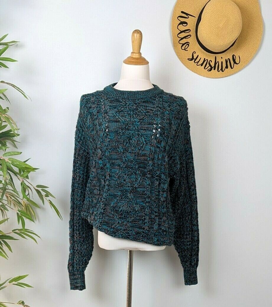 Vintage 80s 90s Chunky Knit Sweater Mens M Womens L Unique Teal Grey Tan