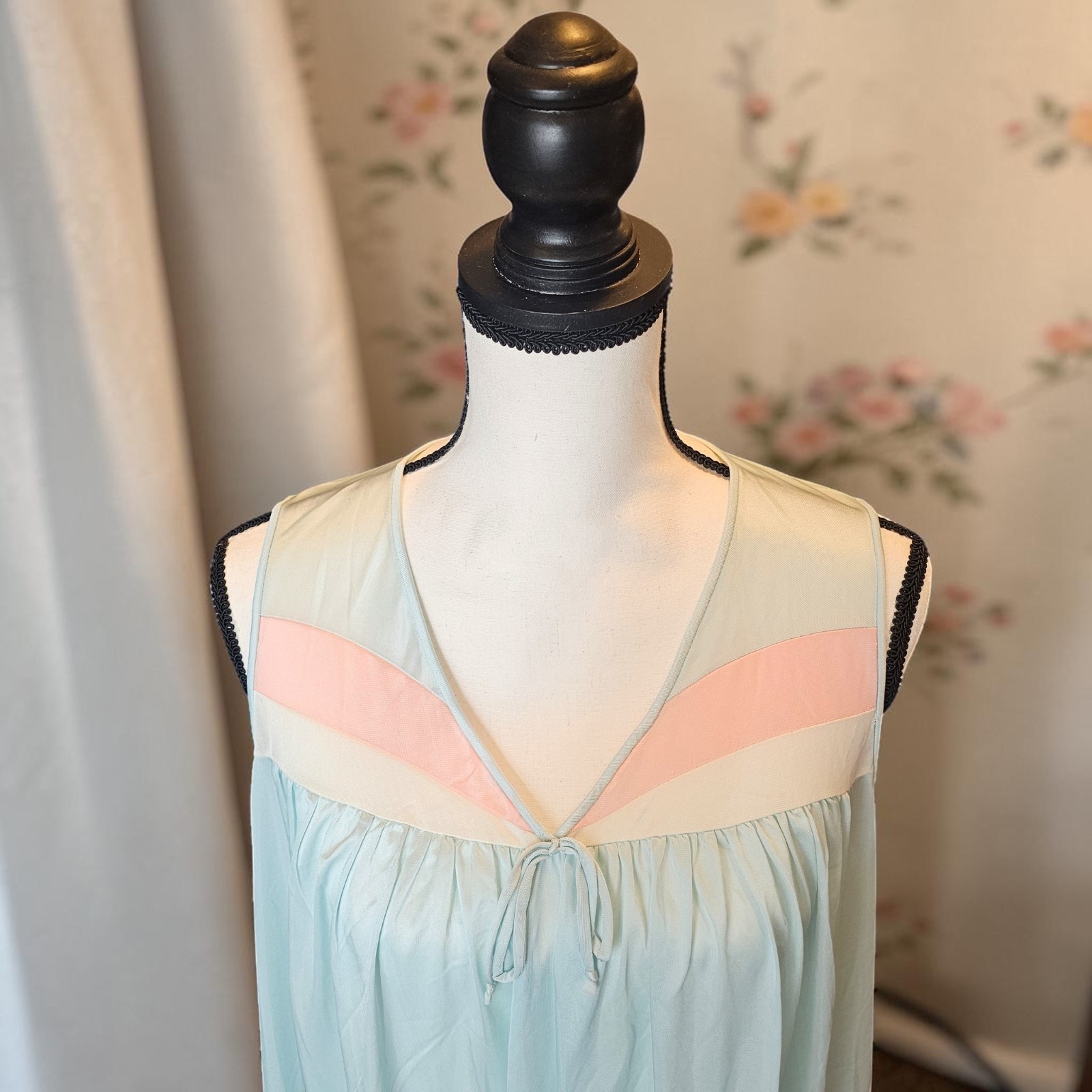 VTG Lorraine Nightgown MD Mint Seafoam Peach Color Block Sleeveless Nylon Sheer