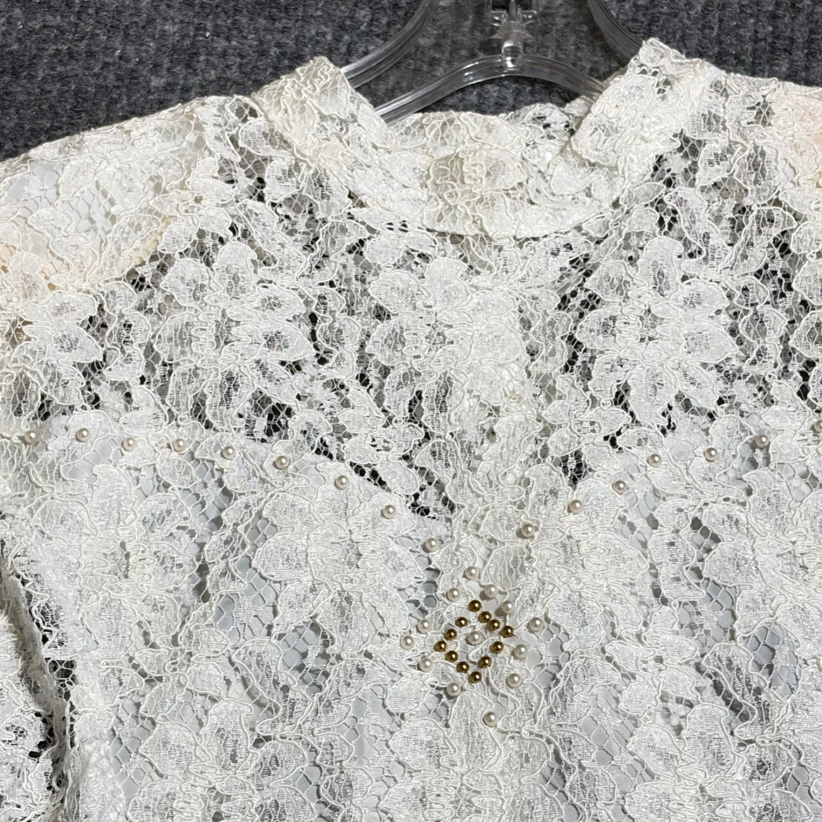 VTG Off White Floral Lace High Neck Button Blouse Sheer Beaded Back Top France