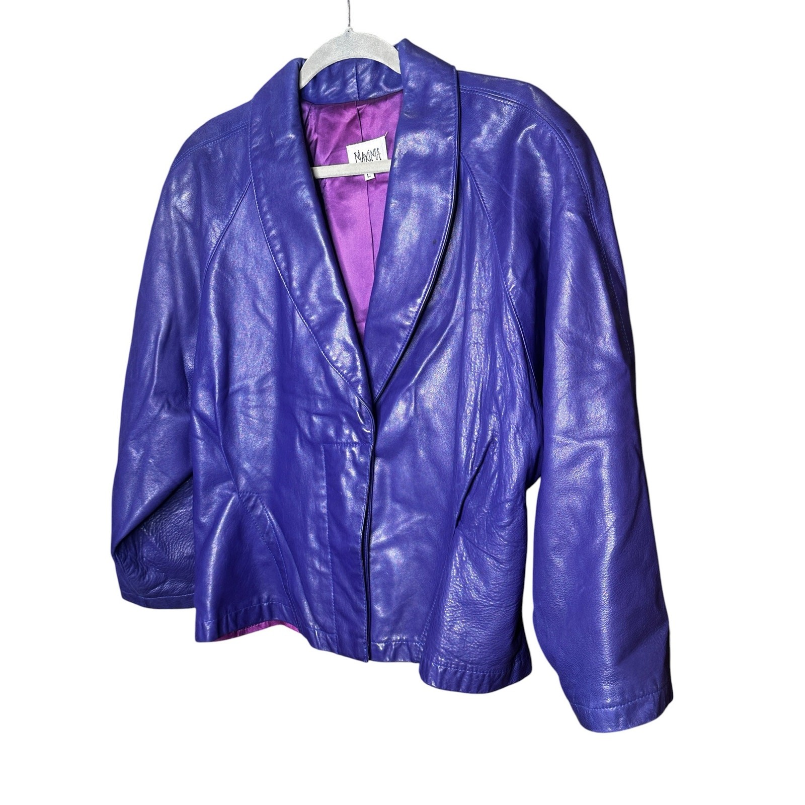 Vtg 80s Maxima Ultraviolet Purple Leather Jacket Statement Dolman Sleeve Coat L