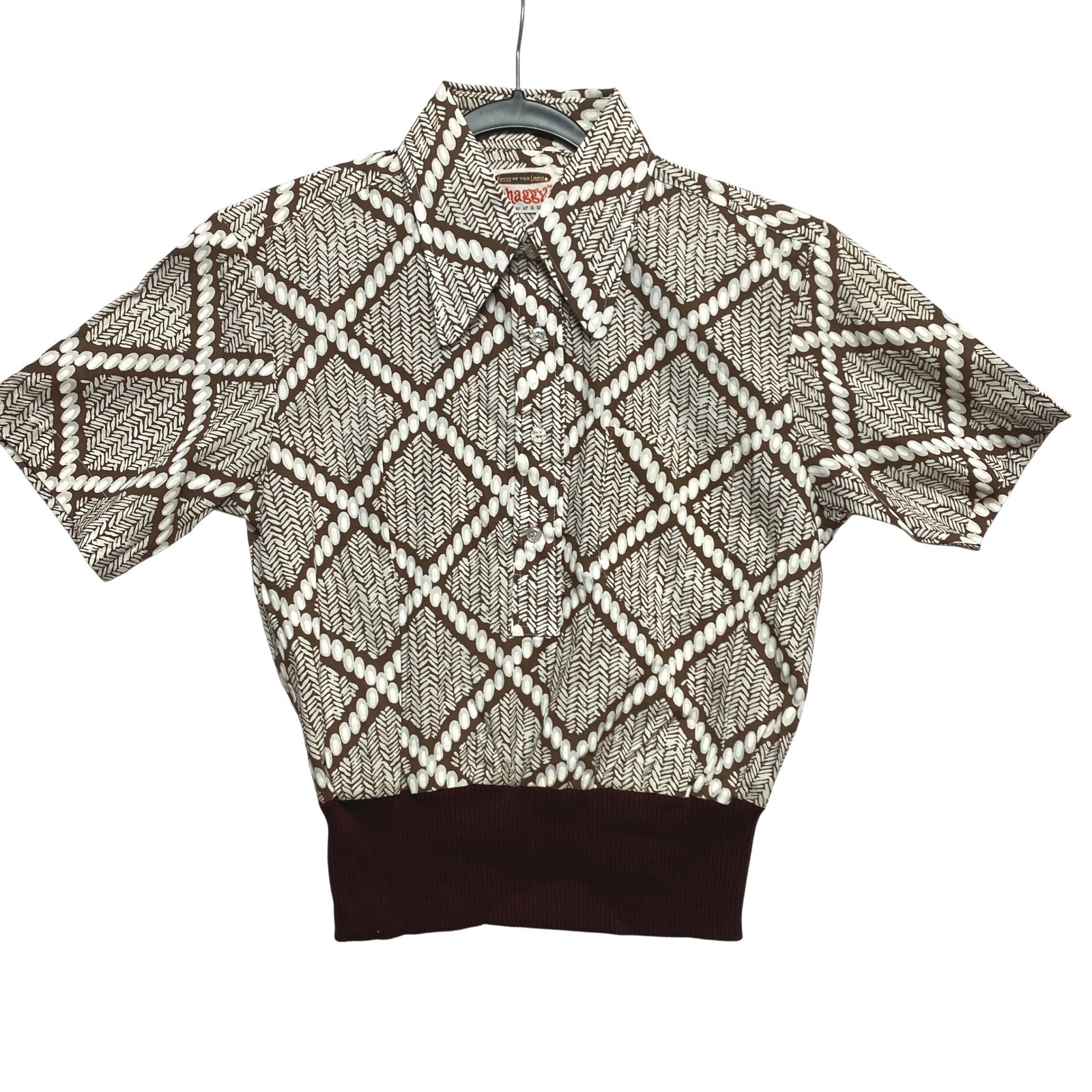 Fruit of the Loom Shaggy Shirt Women M Brown Geometric Knit Banded Waist Vintage