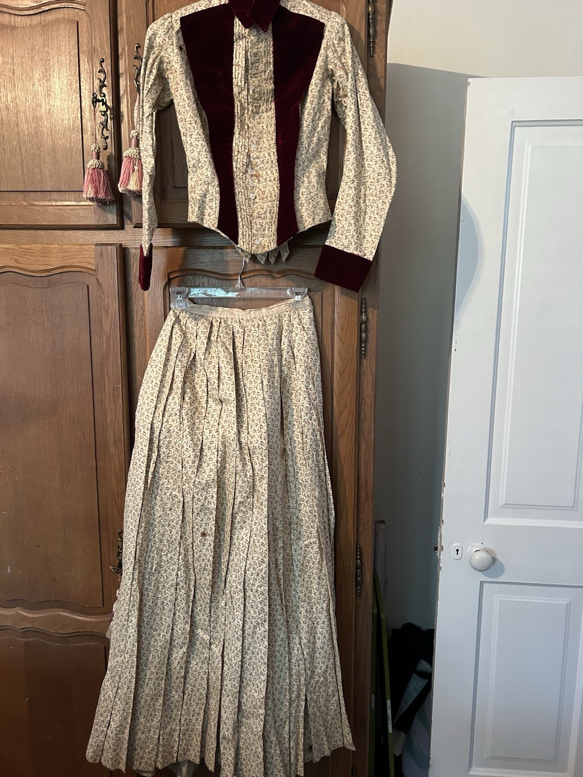 1880s bustle Skirt And Jacket With Built-In Bustle Velvet Trim Silk/Cotton Dress