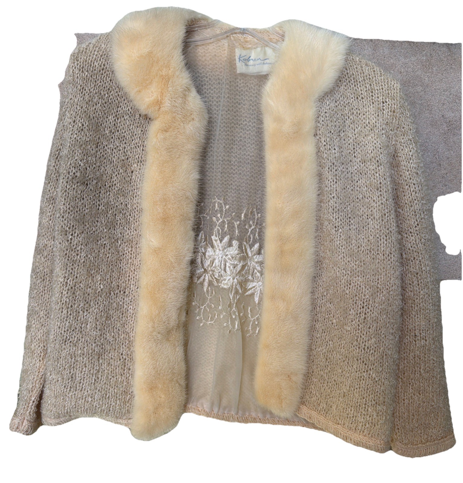 Vintage Kobren Mink Collar & Trim Bouclé Knit Cardigan Embroidered Lining