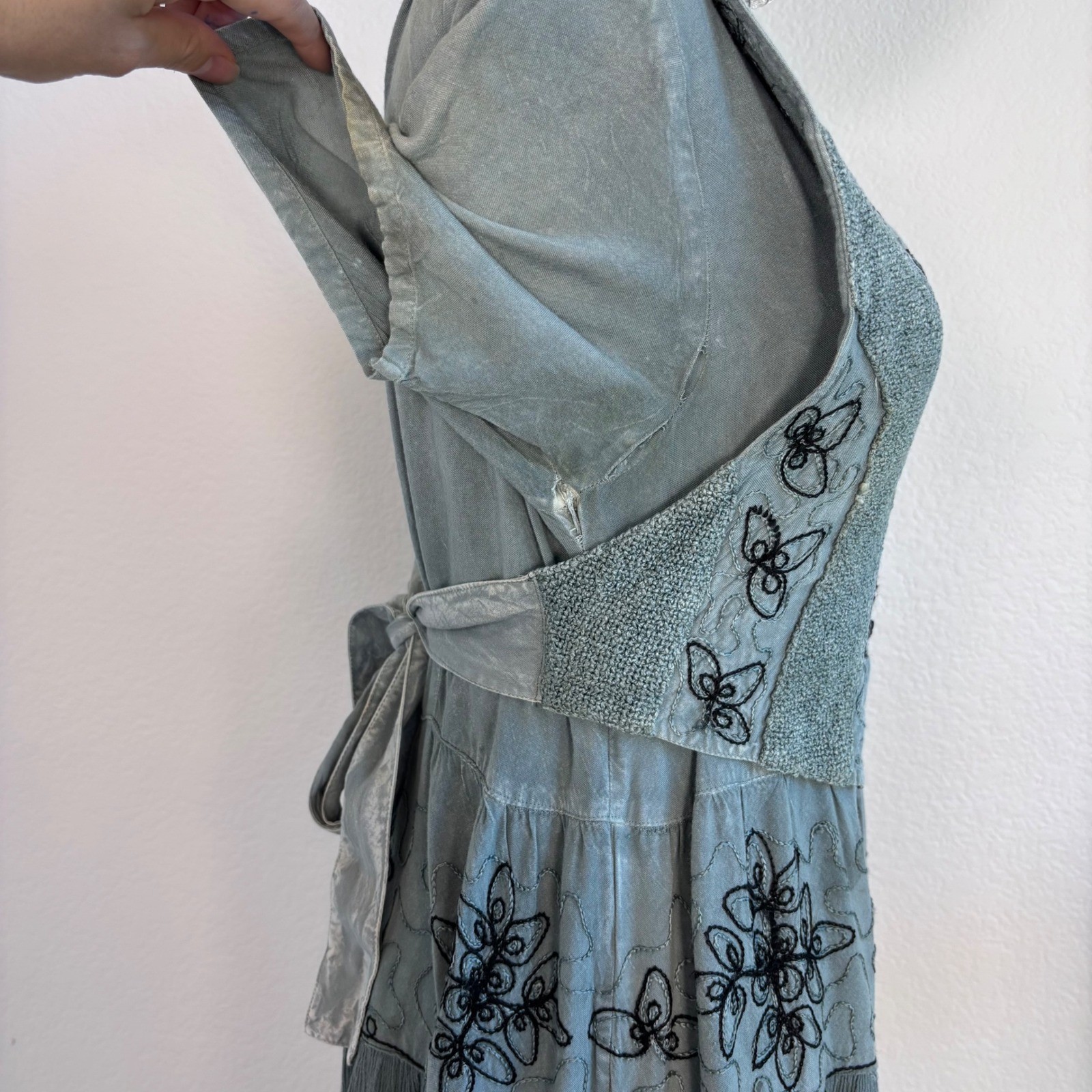 Vintage Cottage Blue Grey Embroidered Tiered Midi Dress, Medium Boho Ren Faire
