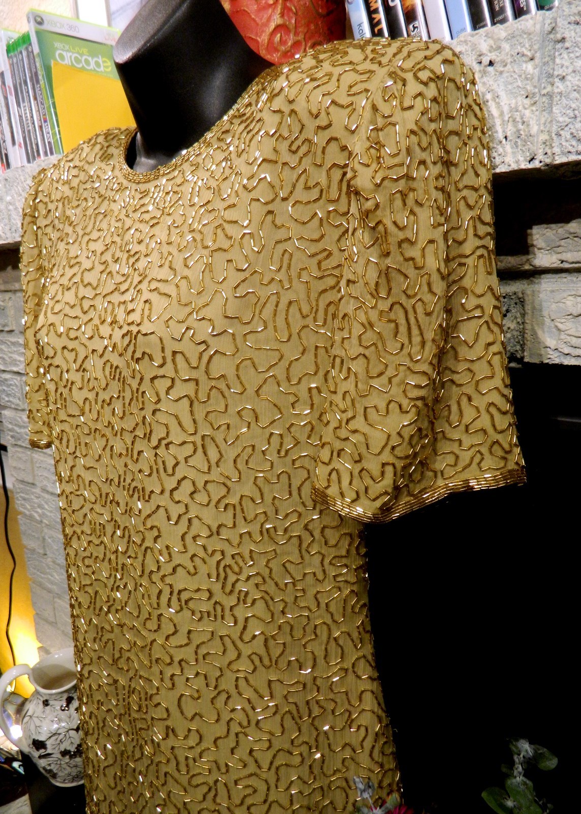 LAURENCE KAZAR VINTAGE DRESS GOLD SILK BEADED SZ Petite Large SHORT SLEEVE