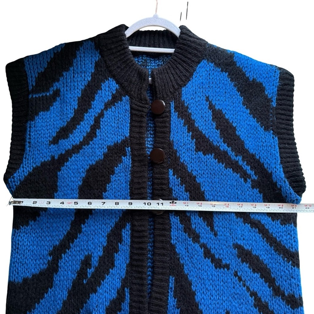 Blue and Black Handknit Zebra Cardigan Sweater Size L XL Y2K Chunky Oversized