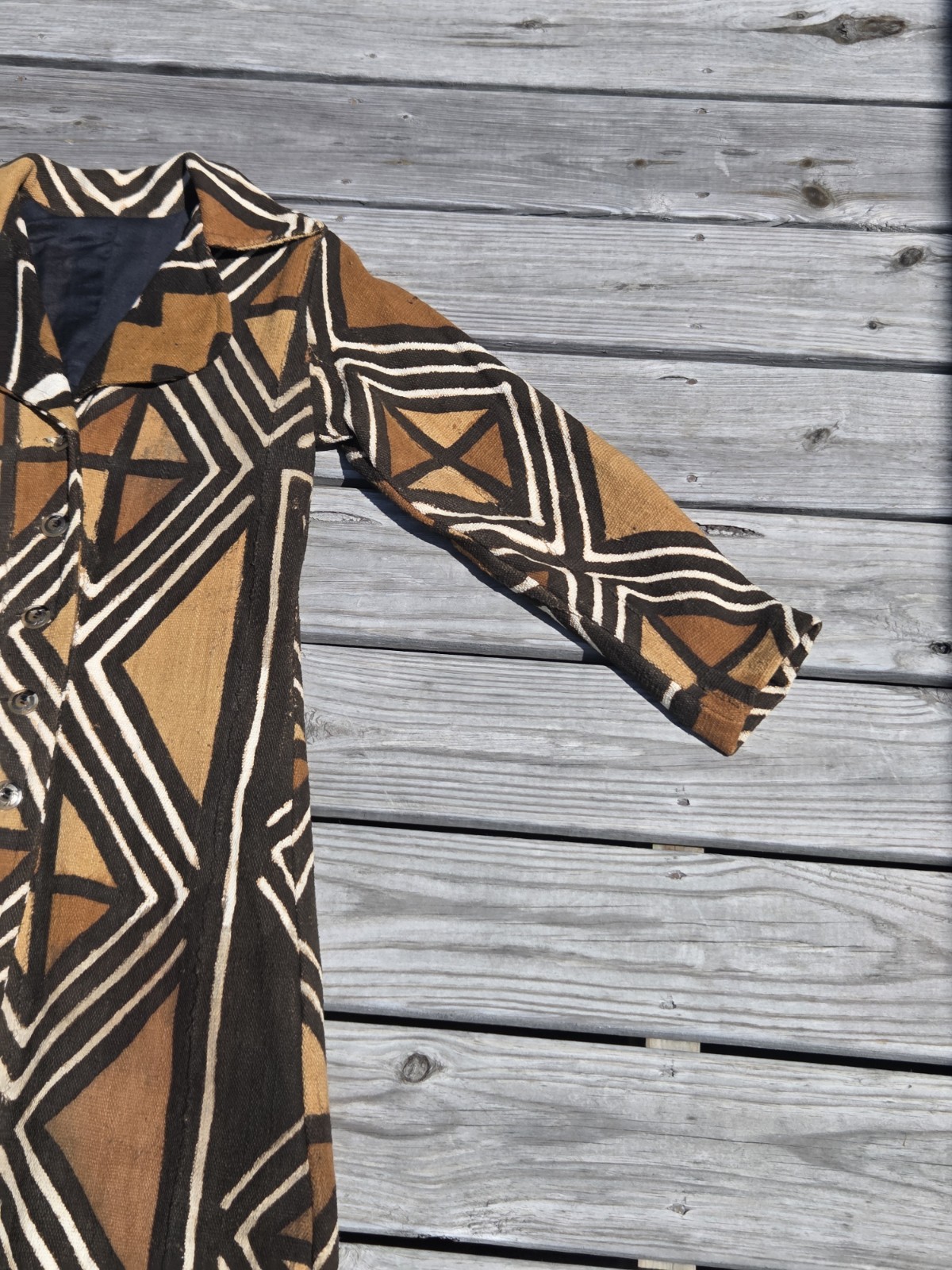 Vintage African Mudcloth Bogolan Long Duster Coat Geometric Handwoven Boho Art