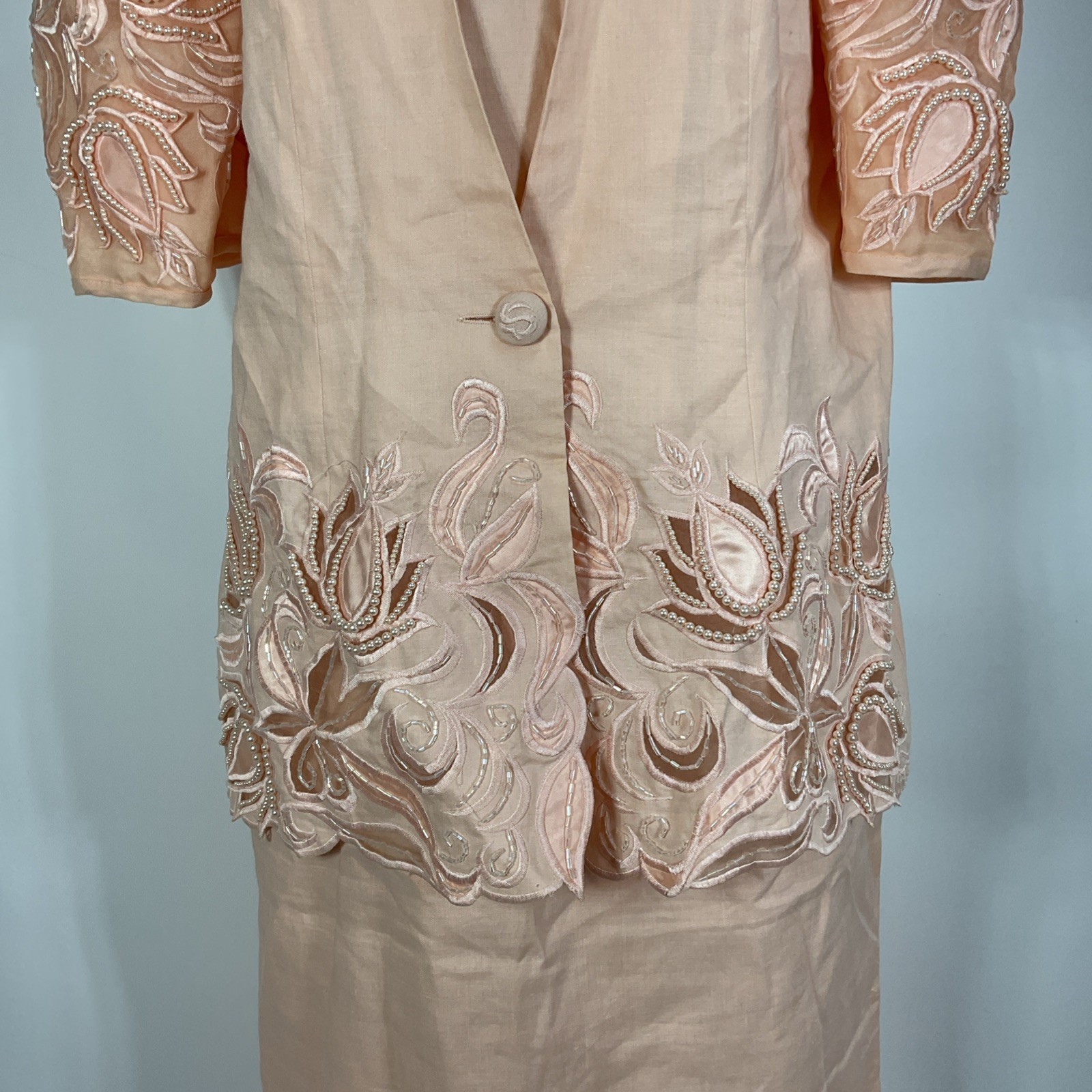 Vintage 80s DAVINCi Pink Suit Puffy Sleeve Suit Jacket Skirt 16X Beaded Linen