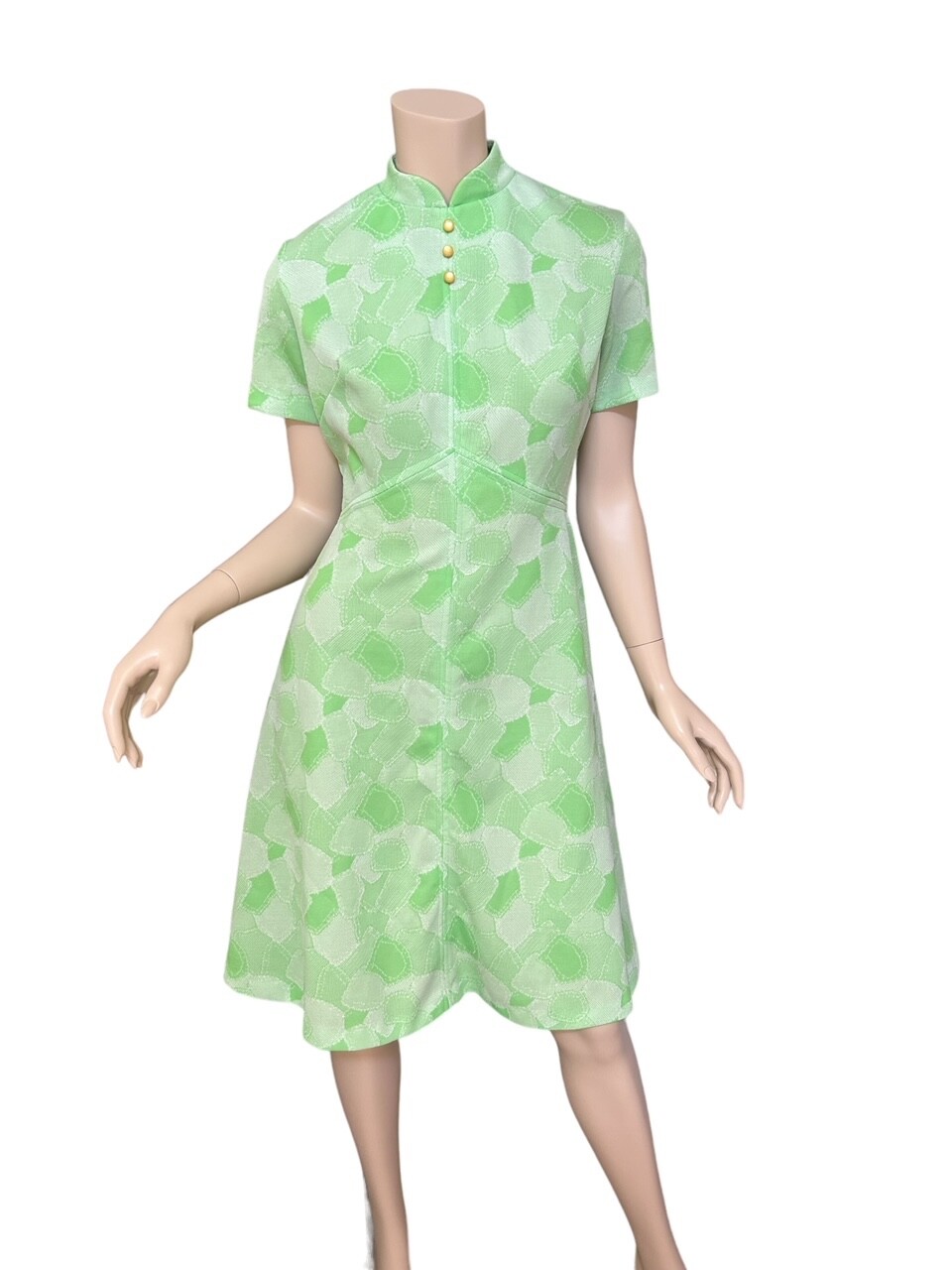 VTG Mini Mod Dress 1970s Green Cream Hippie Disco Spring Indie