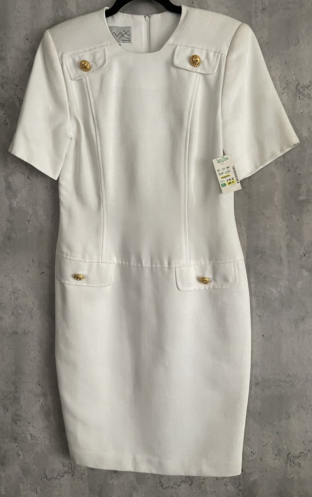 NWT’s Vintage MODE White Cotton Gold Color Button Accents Sheath Lined Dress Sz6