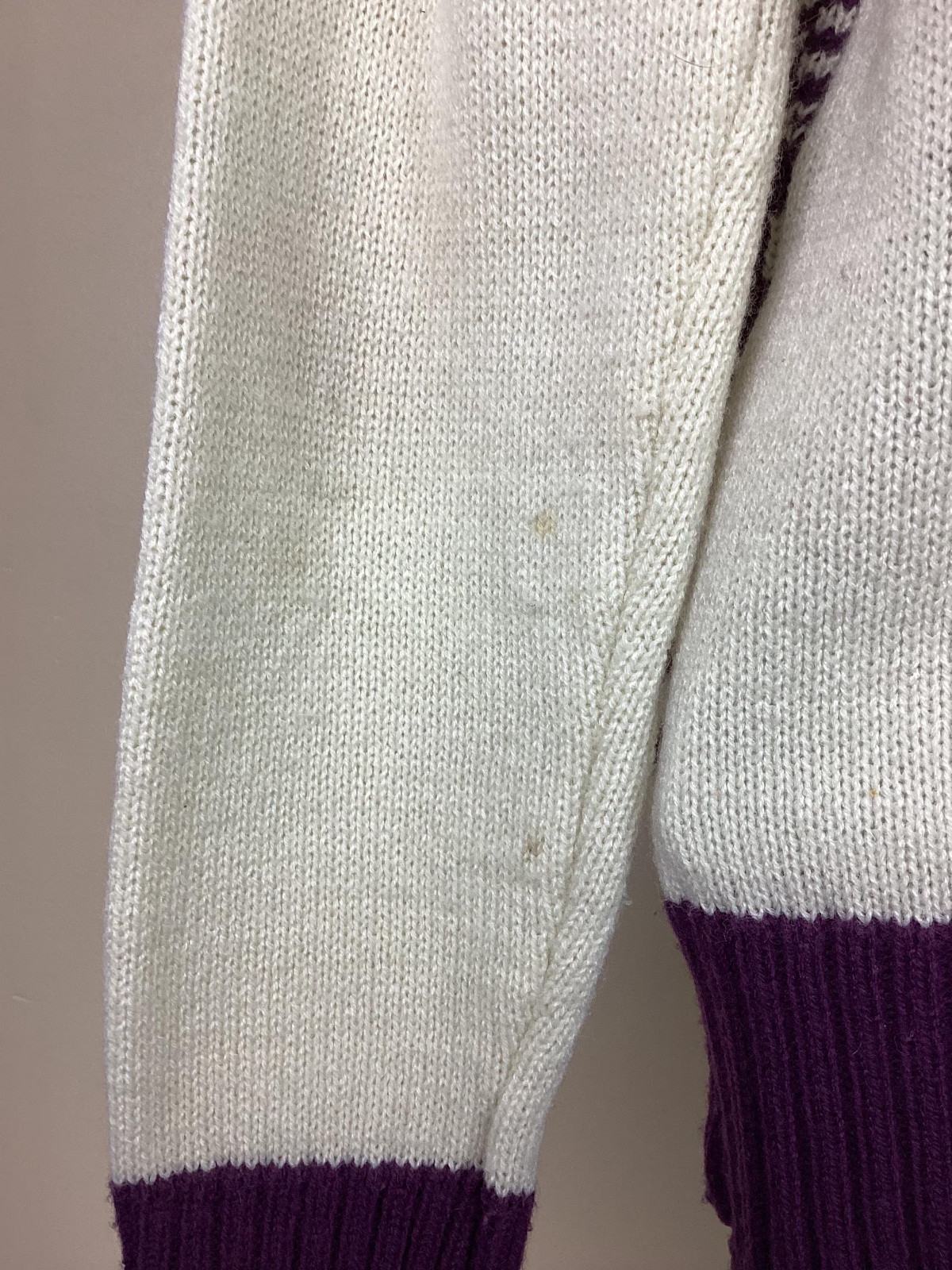 Vtg 70s Full Zip Sweater Jacket Purple Cream Color Women’s S Knit Pattern