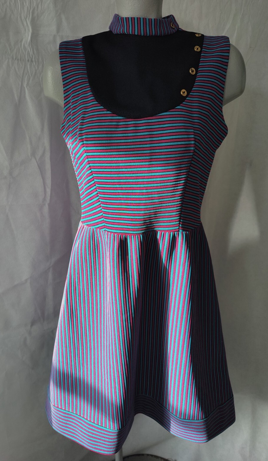 Vintage 1960s It’s Better X Fuchsia Pink Teal Striped Dress Double Knit Size 14