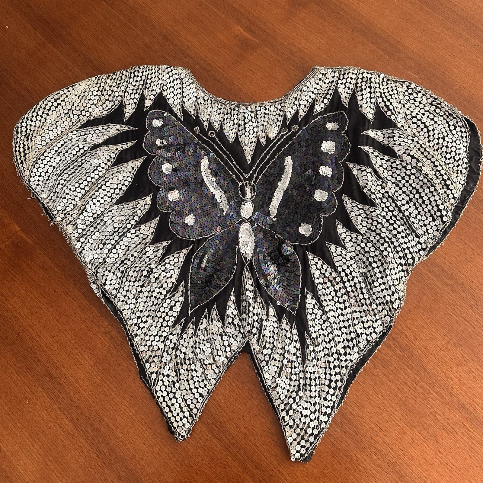 Vintage Beaded Silk Sequin Silver and Black Butterfly Top 70s Disco