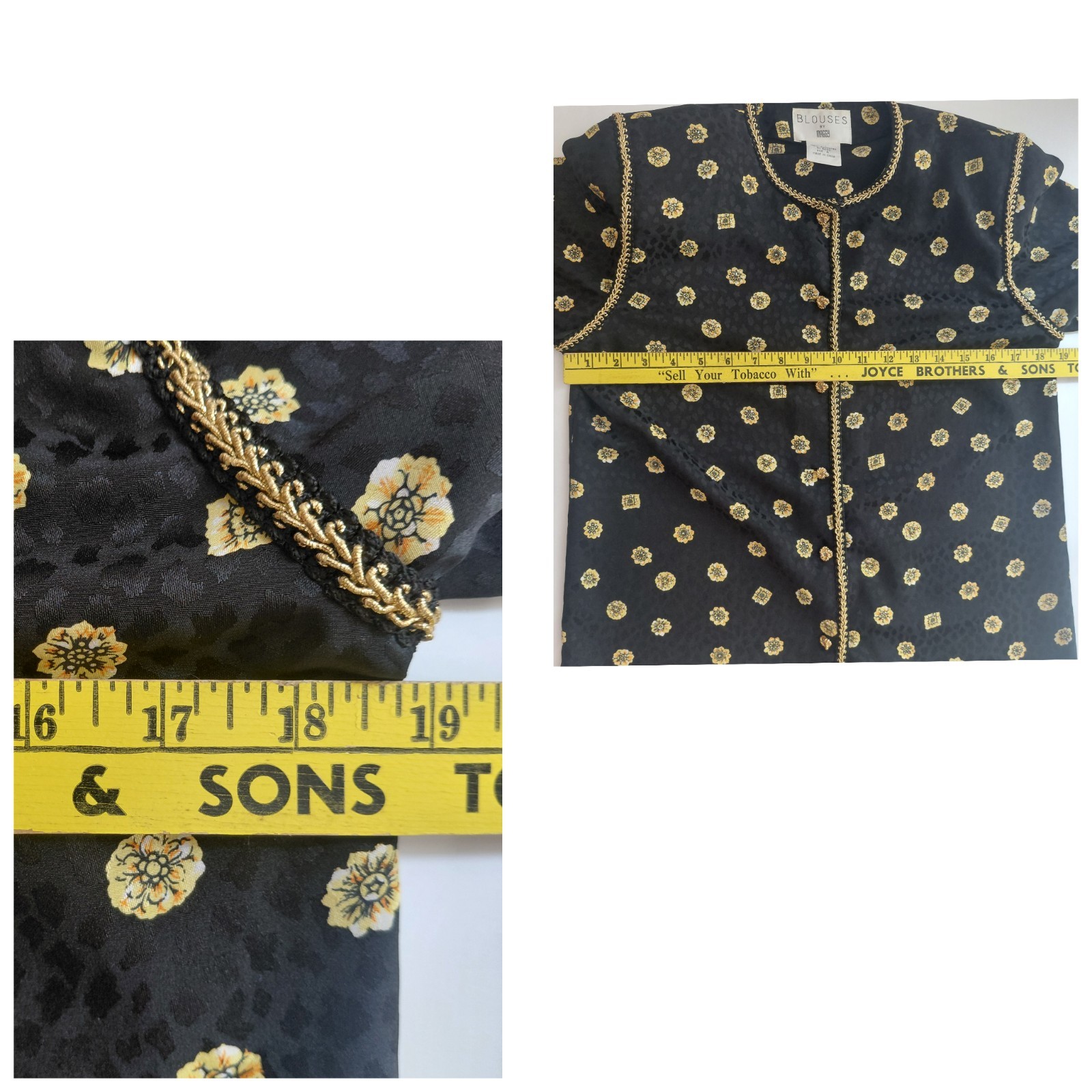 VTG Maggy London Brocade Blouse 4 Black Gold Jacquard Fleur-de-lis Coquette…