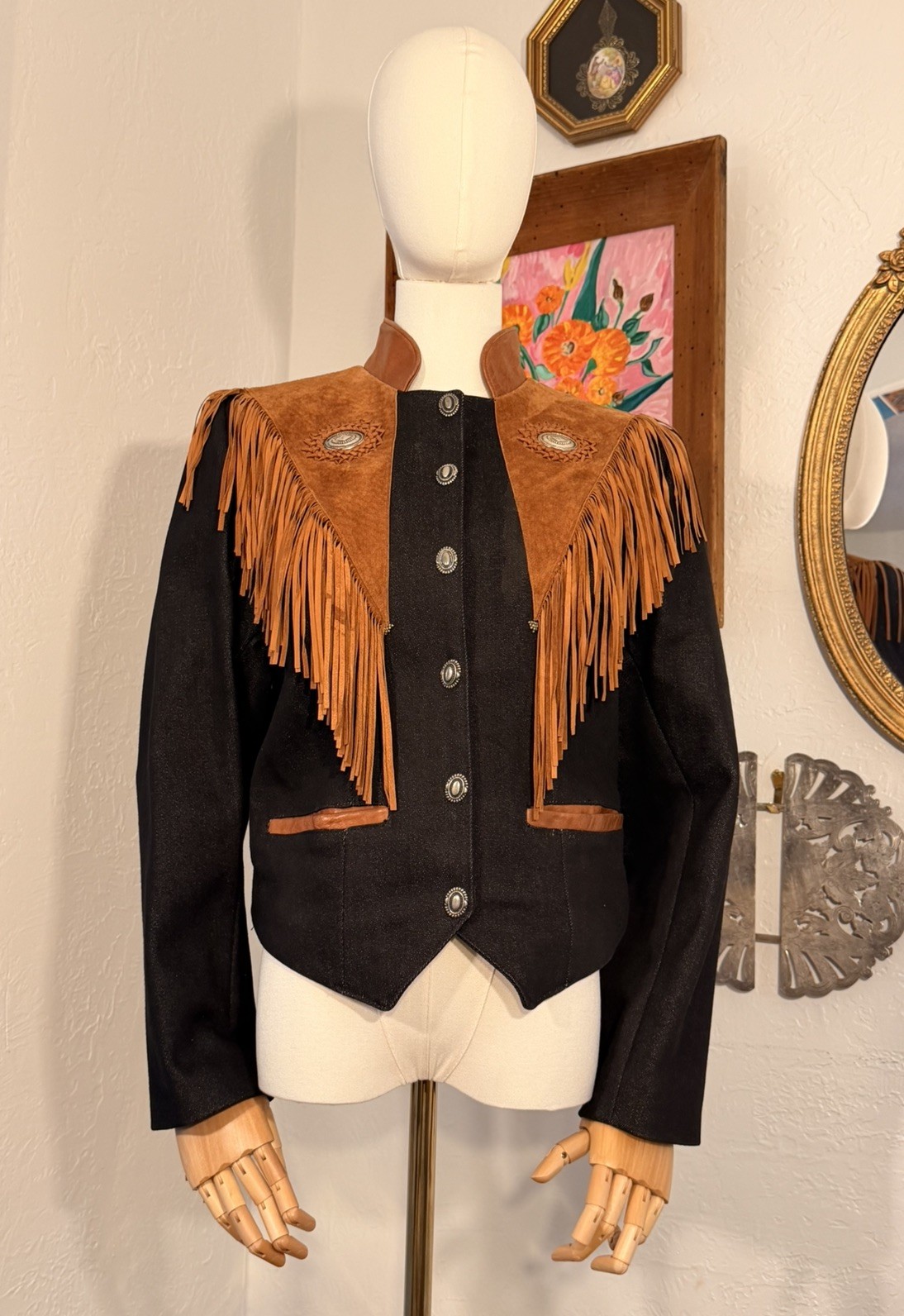 Vintage Diamond Denim & Leather Made In USA Western Fringe Jacket Size 8