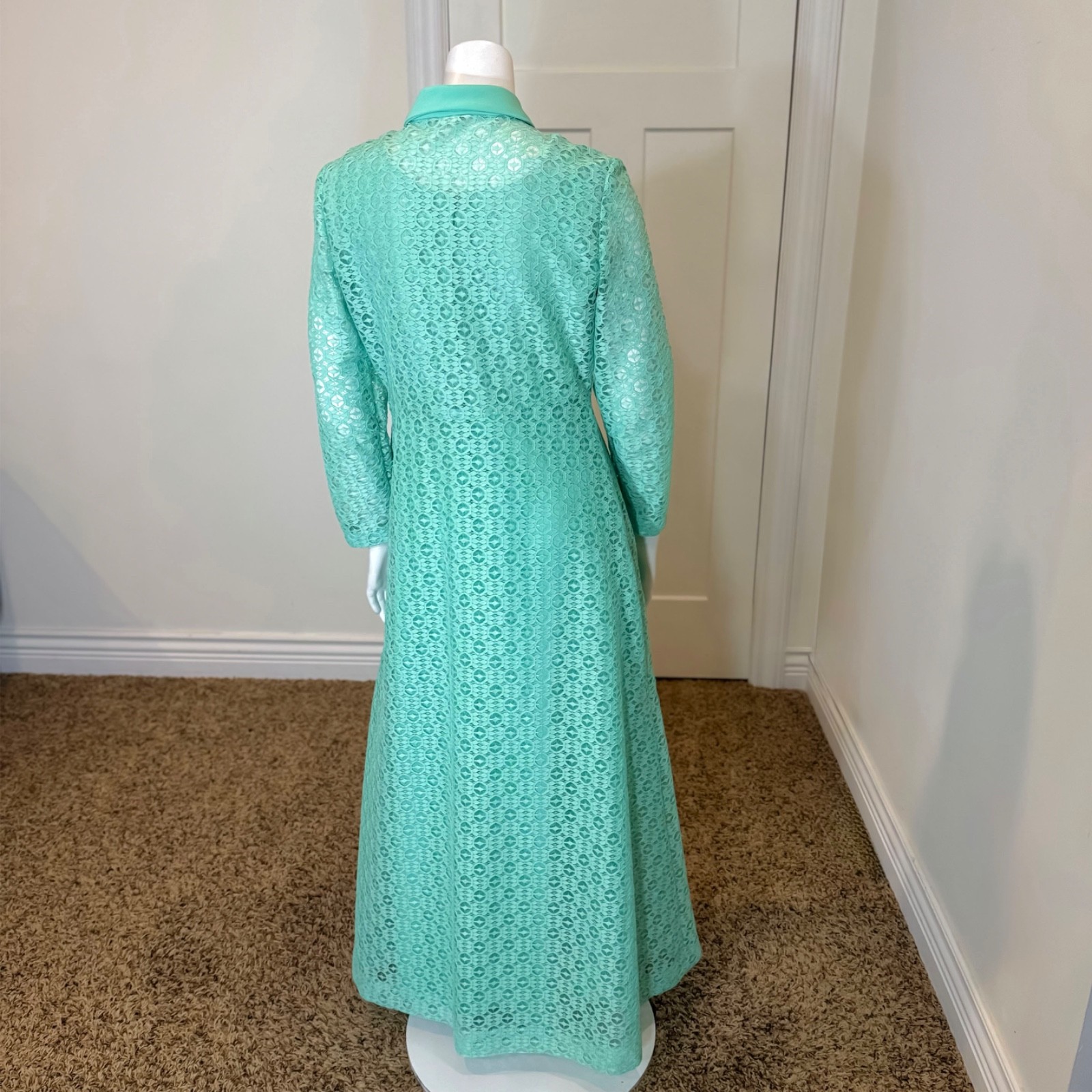 Vintage 70’s LACE MAXI SHIRT JACKET x DRESS SET M MCM Retro Green Suit Evening