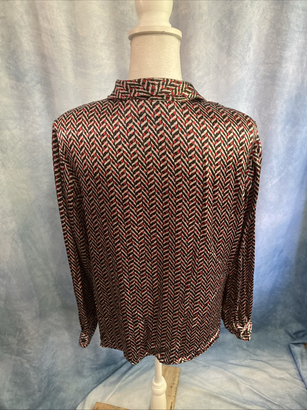 Vtg 80s 90s Gianni Rayon Satin Blouse Geometric Chevron Pads Shawl Collar 14 M