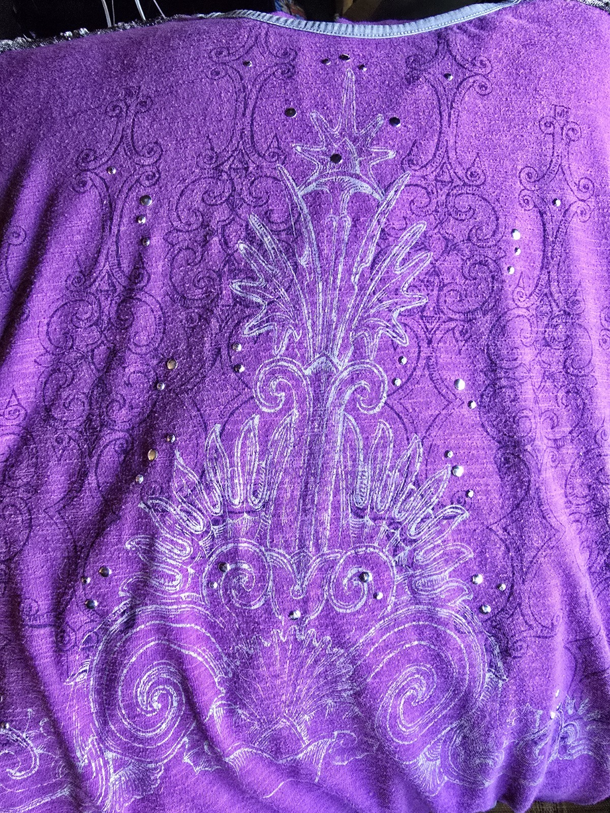 XL Adiktd Y2K Silver Studded Purple Top With Satin, Lacy, Silver Style Sleeves