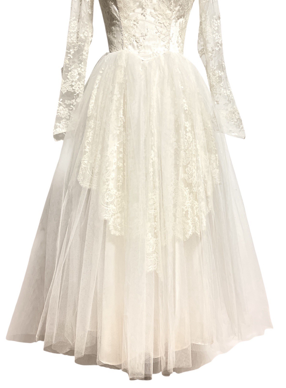 VTG 1950s 60s Lace Tea Length Wedding Dress XS Audrey Hepburn Modest MCM Bride
