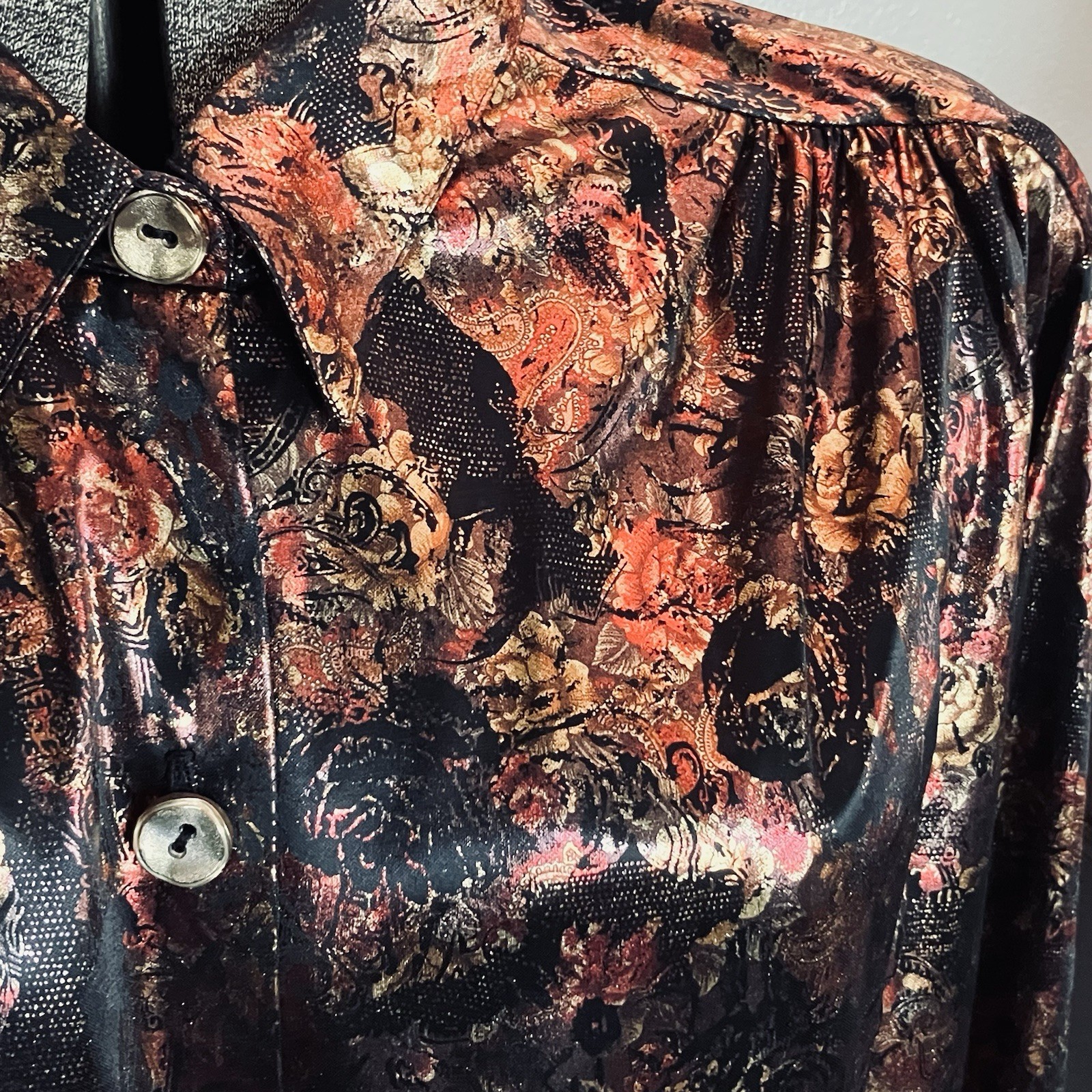 VTG Foil Button Down Blouse 22w Joanne Plus Black Rose Gold Long Sleeve 80s 90s