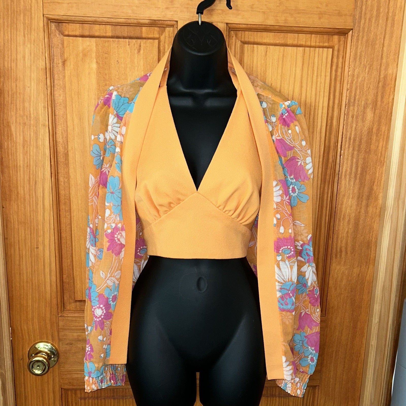 Vintage 70s JC Penney Floral And Orange Halter Top & Sheer Jacket XS