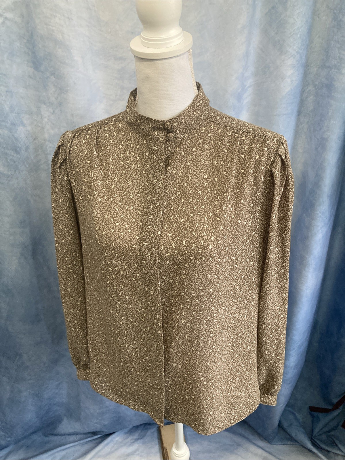 Vintage 1980s Brown Floral Leaf Blouse Sheer Boxy Secretary Poly Chiffon S/M EUC
