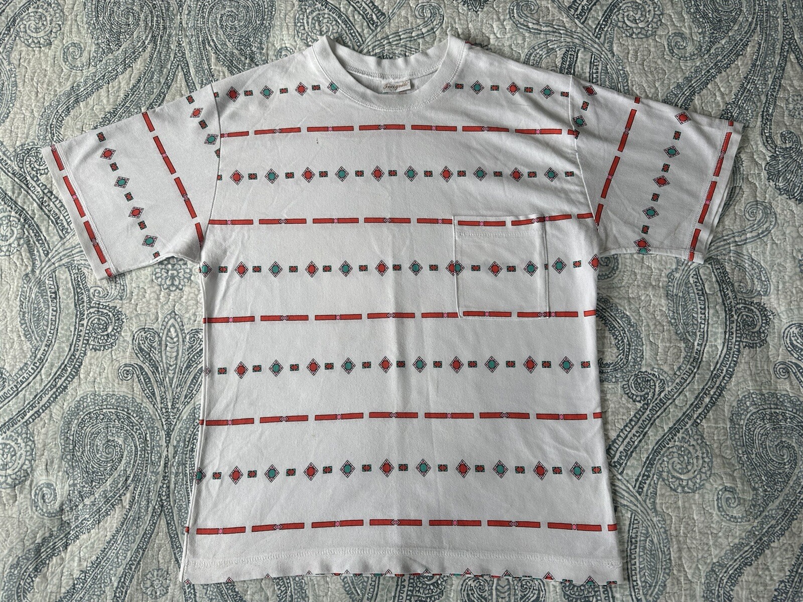 Vintage 1980’s Woman’s Incognito Pocket T-Shirt Geometric Shapes Design Size L ?