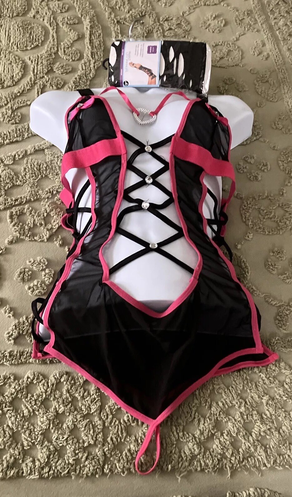 Vintage Black Pink Strappy Woman’s Teddy Sexy Bodysuit Intimate Apparel One Size